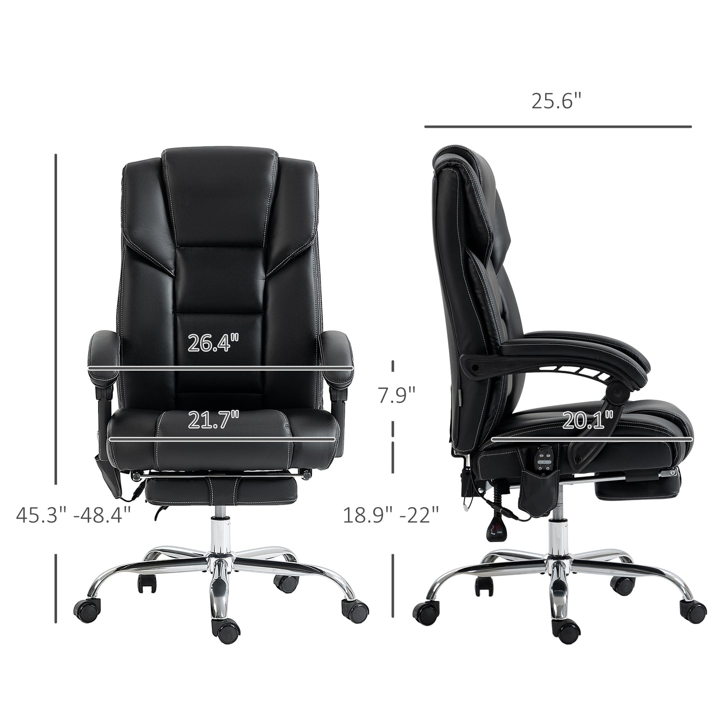 Black executive office chair with padded faux leather white stitching and retractable footrest