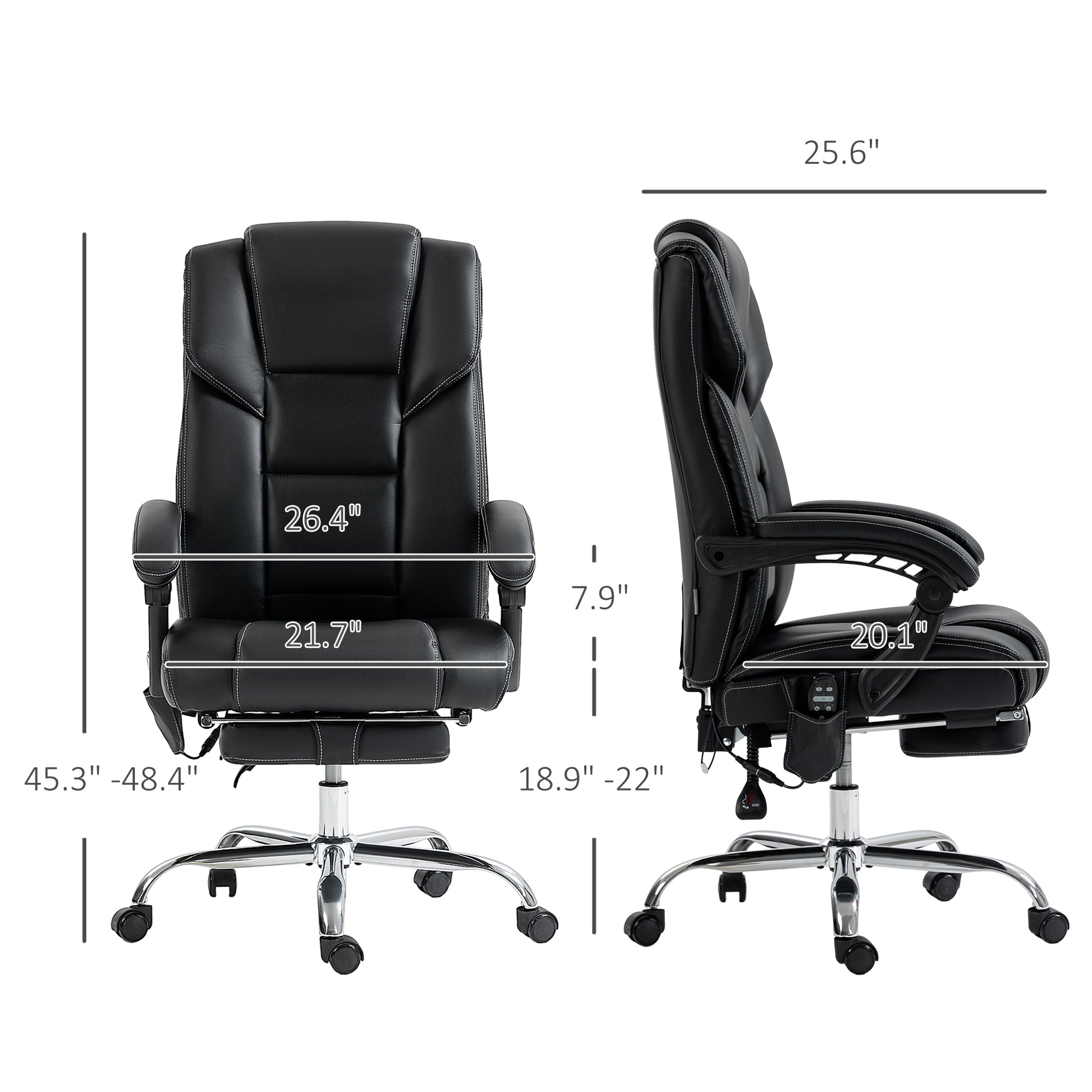 Black executive office chair with padded faux leather white stitching and retractable footrest