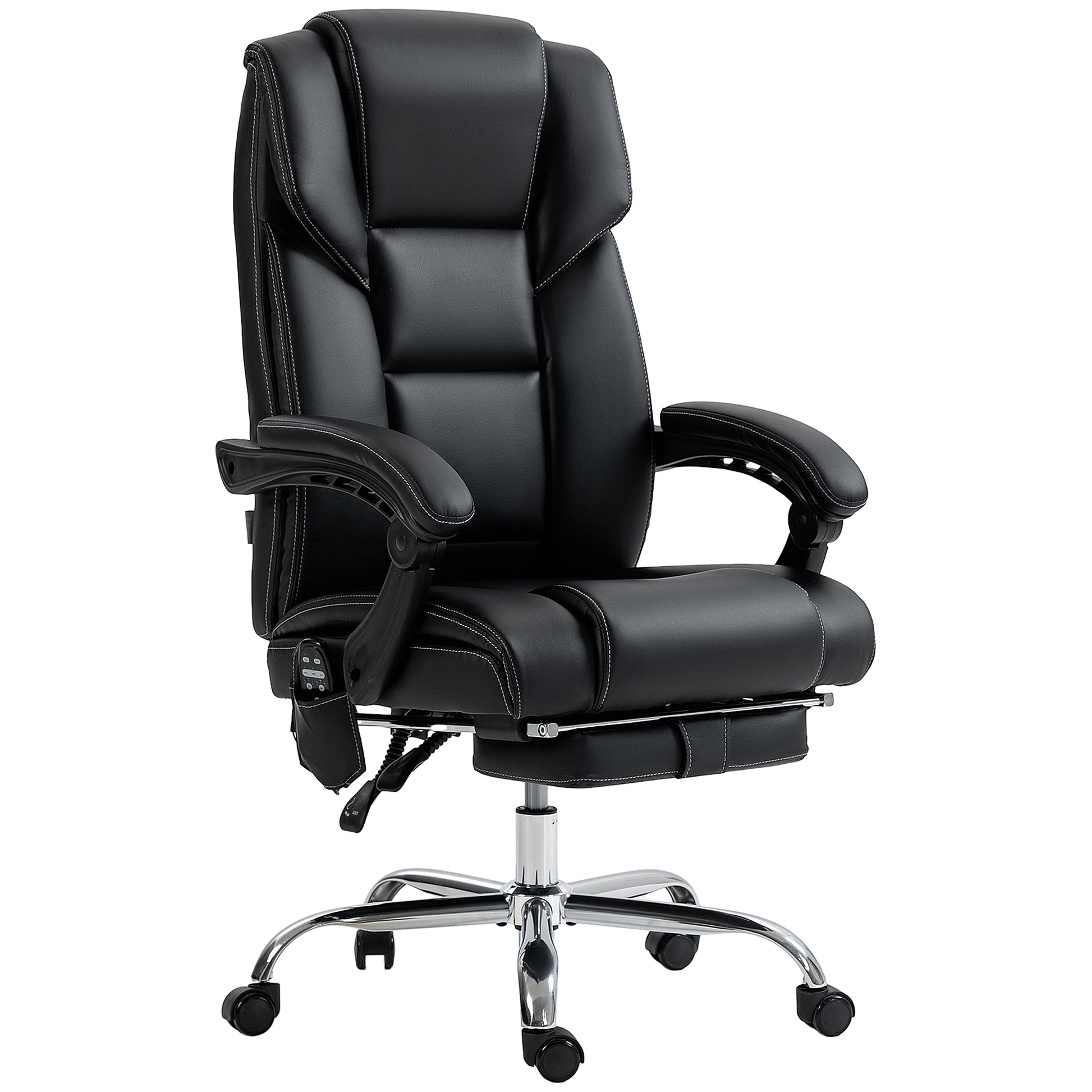 Black executive office chair with plush padding and white stitching detail