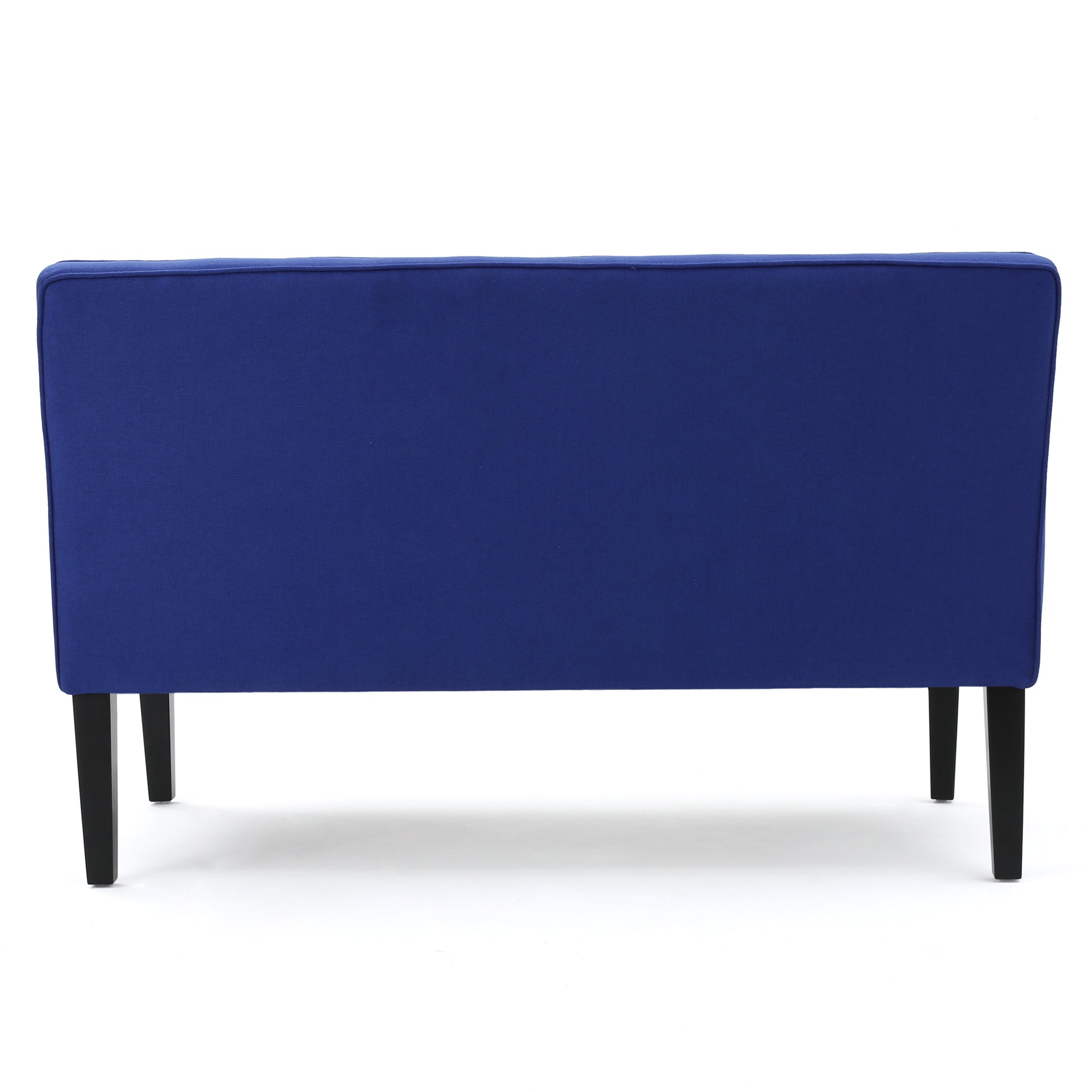 Back view of a royal blue upholstered loveseat with dark wood legs