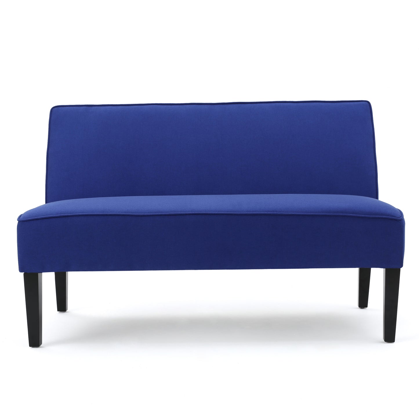 Sleek navy blue fabric loveseat with modern black legs perfect for small spaces