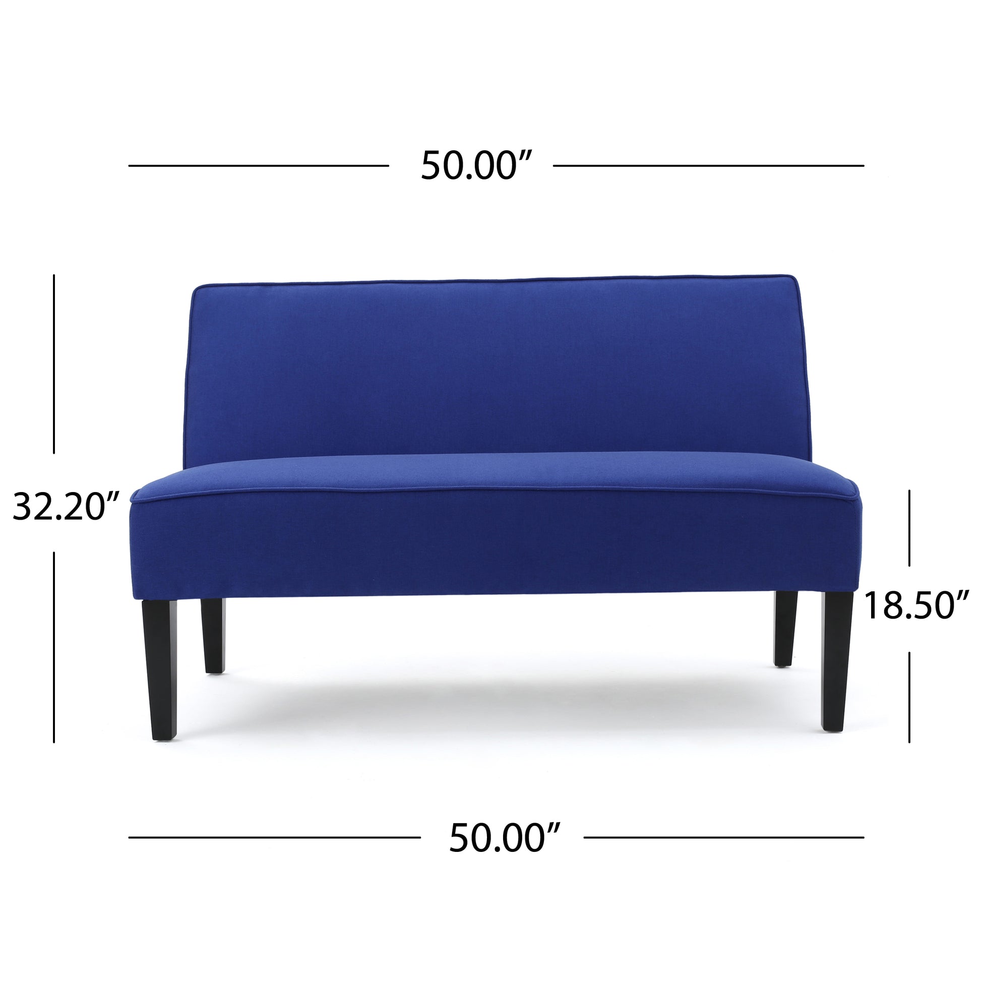 Navy blue upholstered loveseat with black tapered legs and a inch width