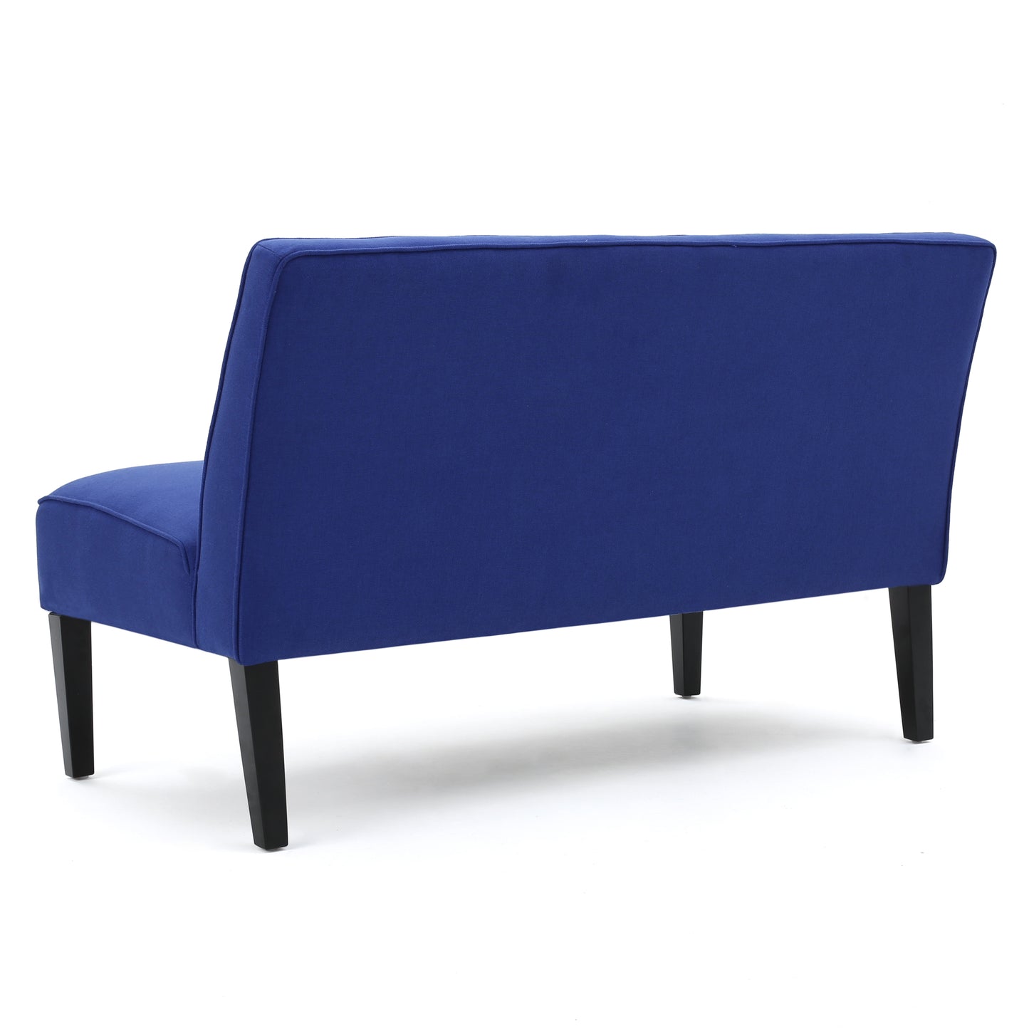 Royal blue upholstered accent chair with dark wooden legs