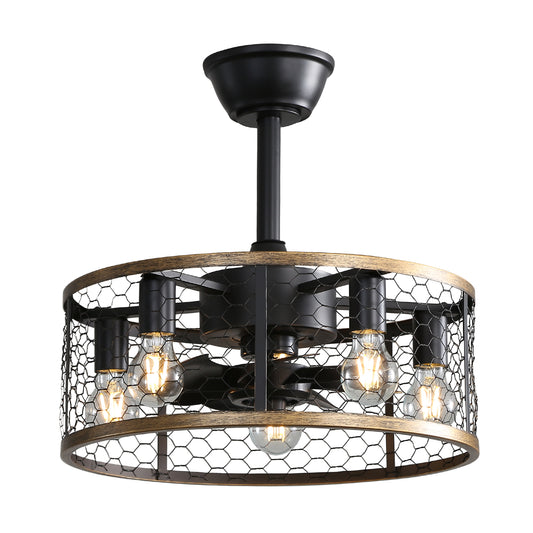 Farmhouse style flush mount ceiling fan with five exposed bulbs and wire mesh shade