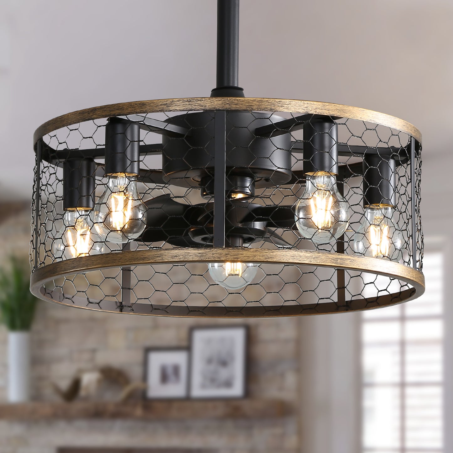 Rustic farmhouse ceiling fan with caged design and Edison bulbs