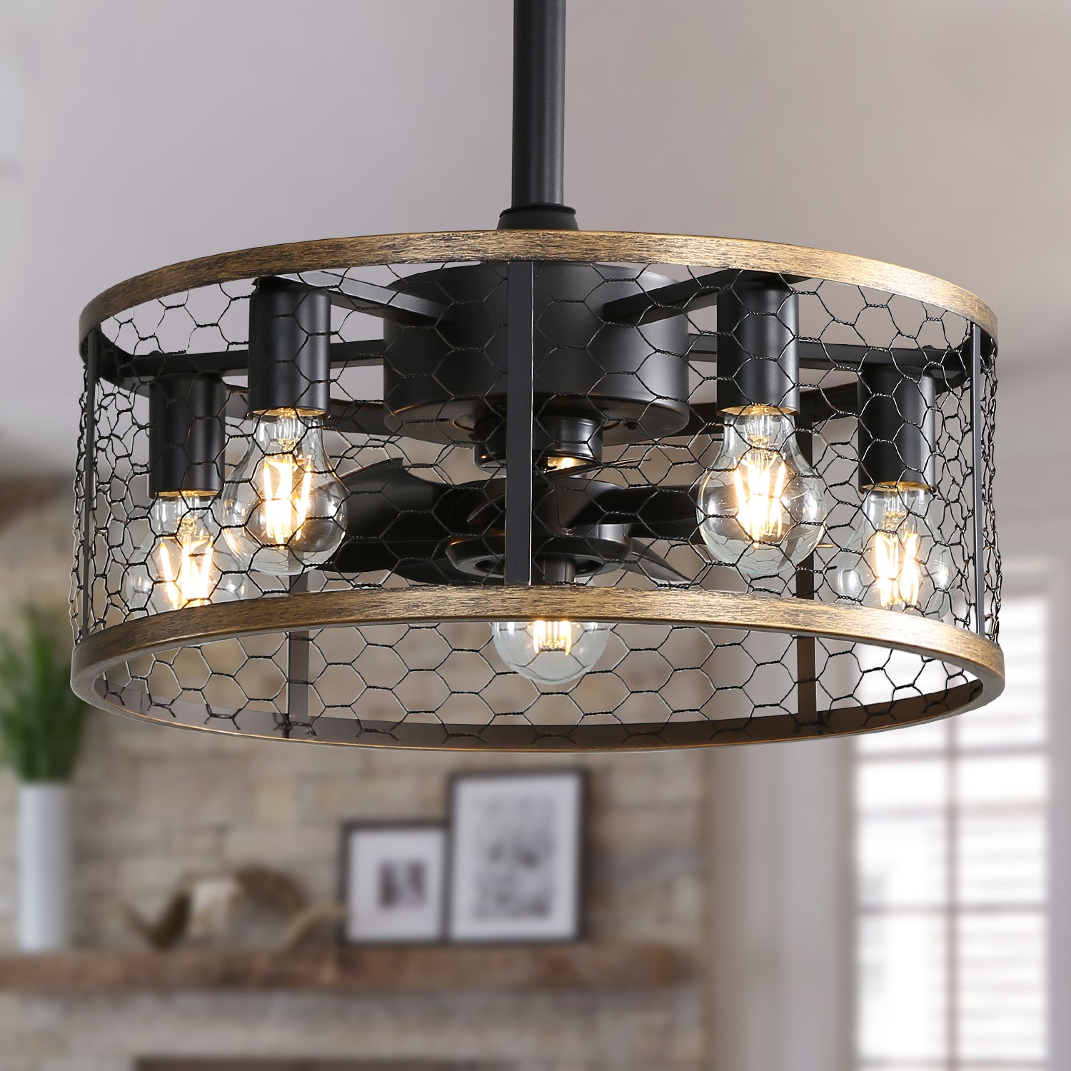 Rustic farmhouse ceiling fan with caged design and Edison bulbs