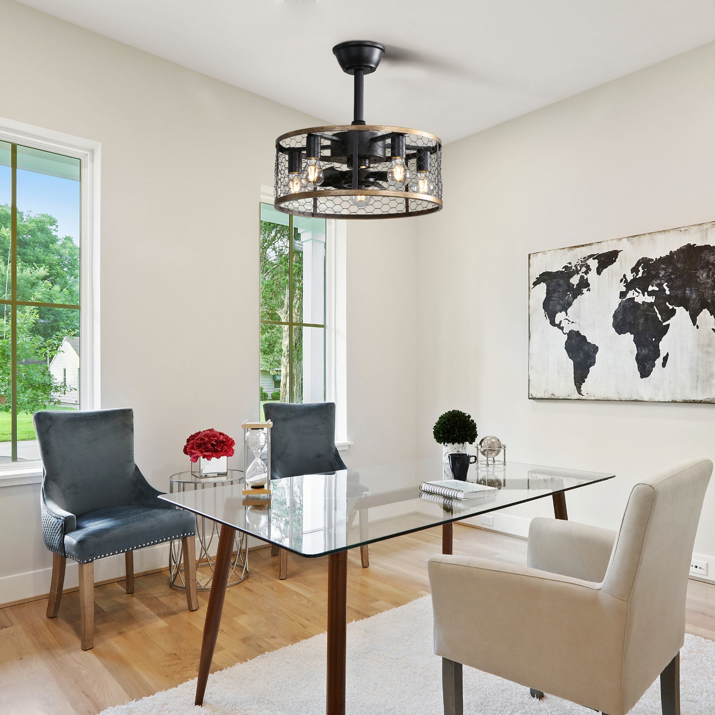 Modern industrial cage ceiling fan with black metal finish and wood accents