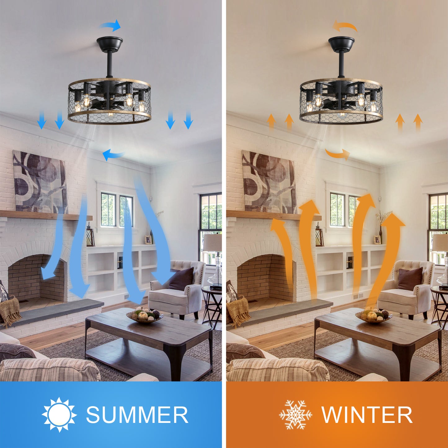 Black metal cage ceiling fan with rustic wood accents shown circulating air downwards for summer cooling