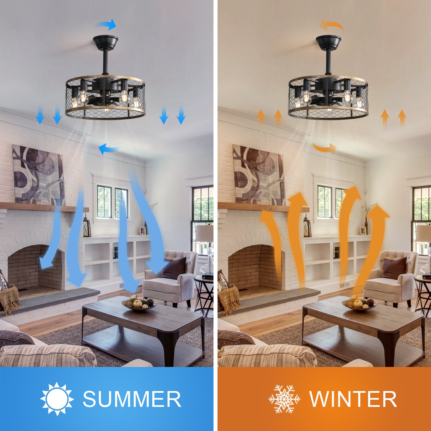Black metal cage ceiling fan with rustic wood accents shown circulating air downwards for summer cooling