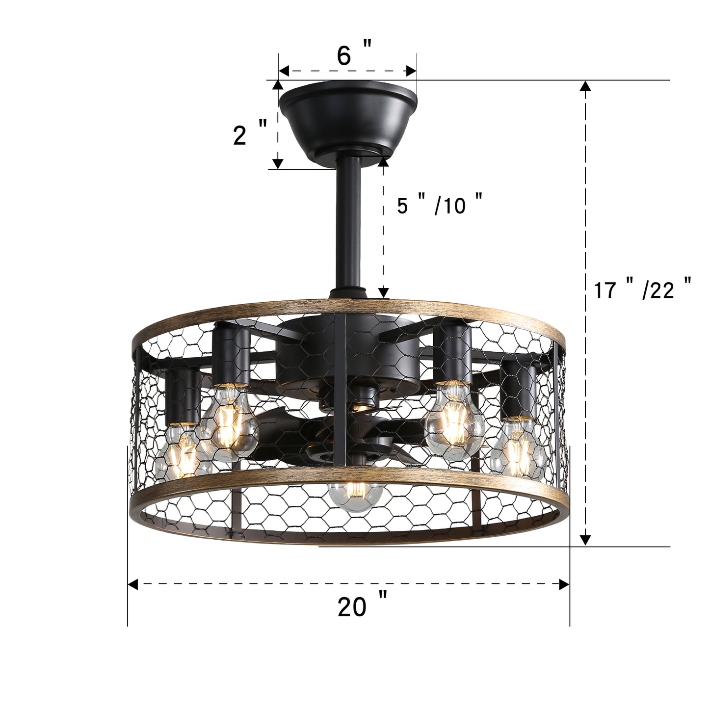 Industrial style black farmhouse ceiling fan with cage and vintage Edison bulbs inch diameter