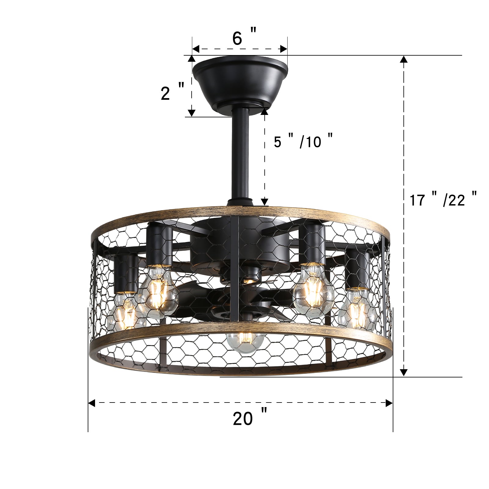 Industrial style black farmhouse ceiling fan with cage and vintage Edison bulbs inch diameter
