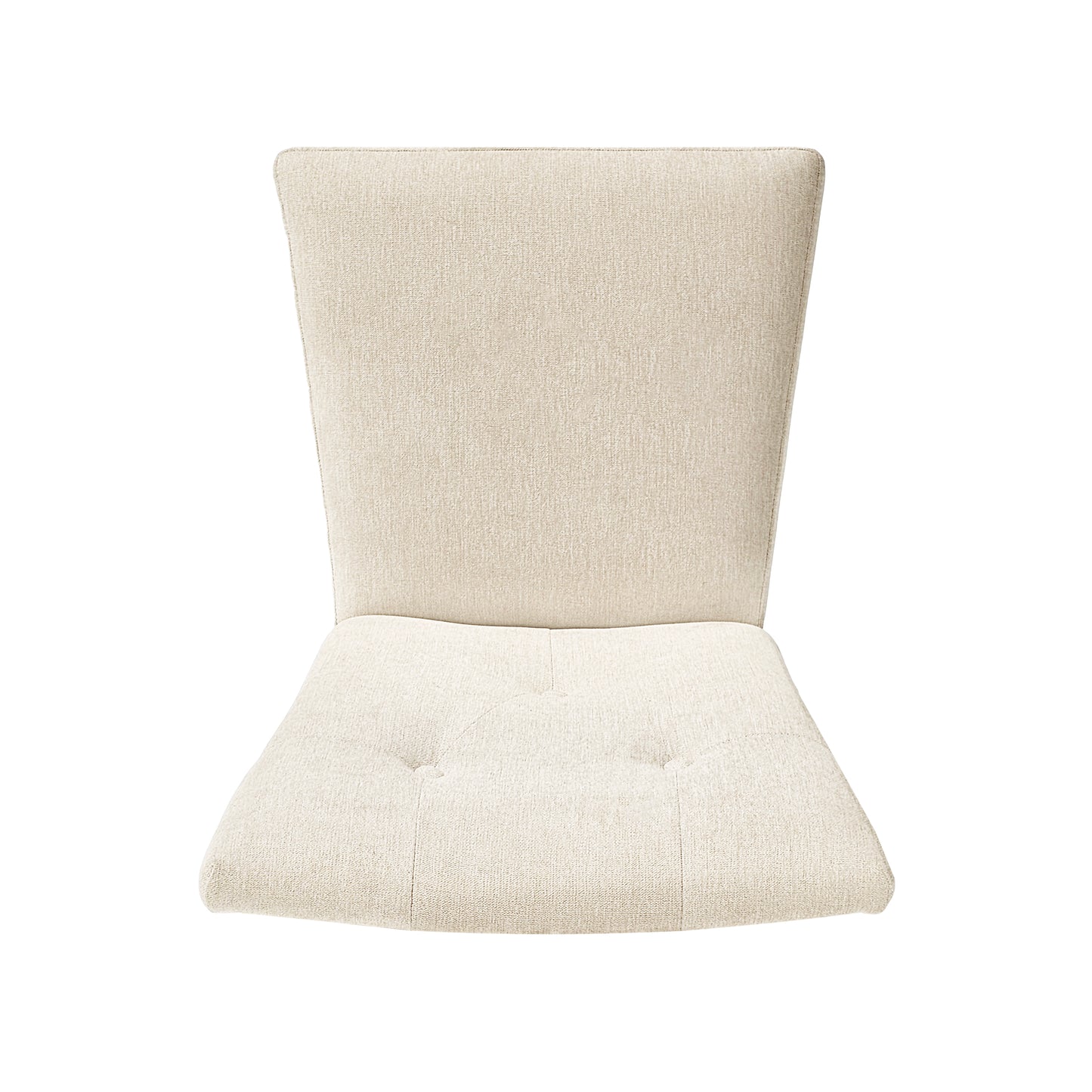 Beige upholstered dining chair with button tufting on seat cushion