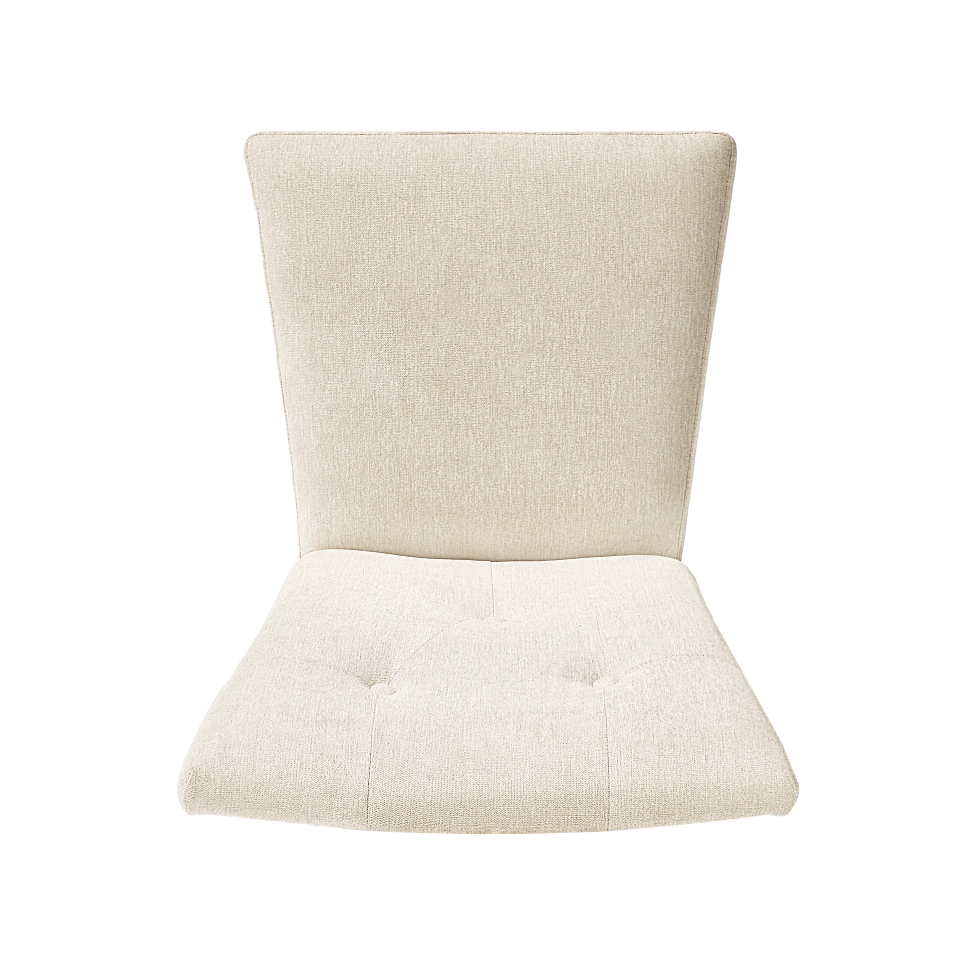 Beige upholstered dining chair with button tufting on seat cushion
