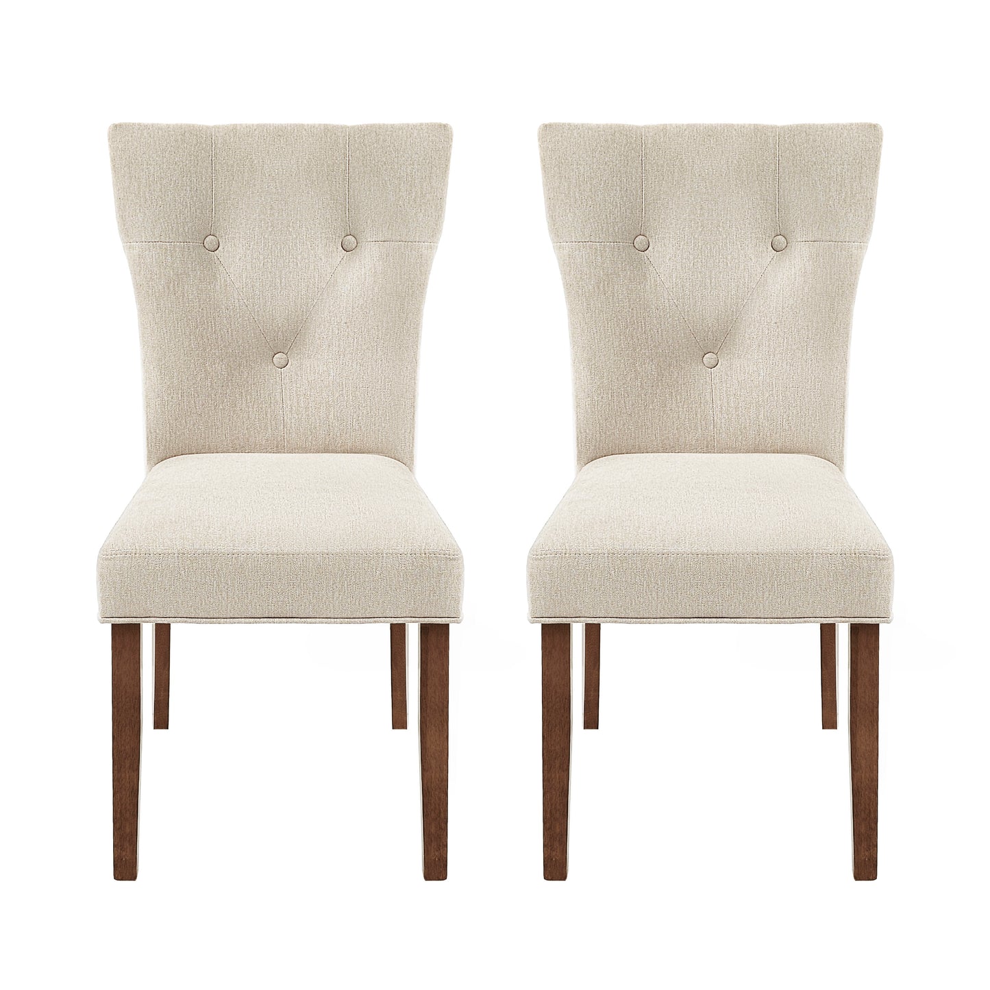 Two beige upholstered dining chairs with button tufting and dark wood legs