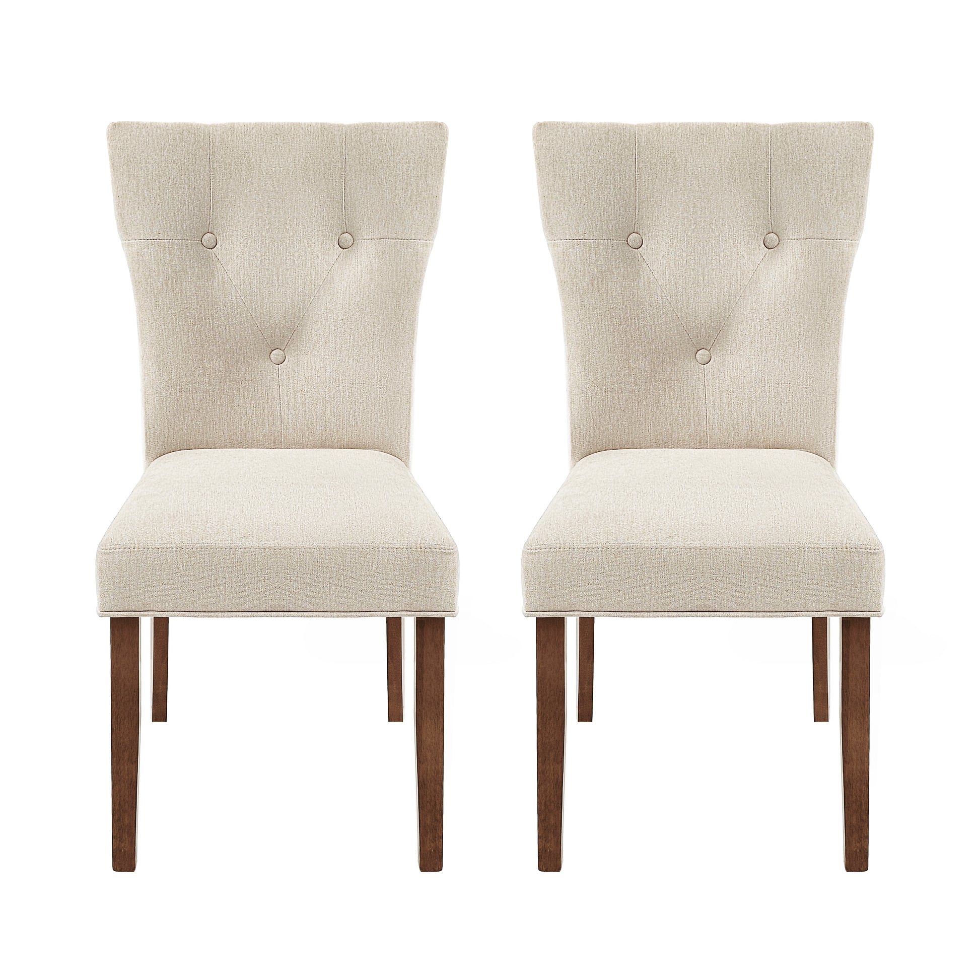 Two beige upholstered dining chairs with button tufting and dark wood legs