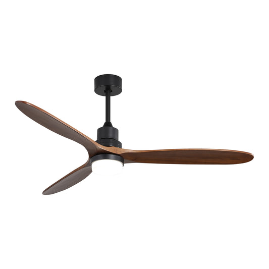 Modern black ceiling fan with three dark wood blades and integrated LED light