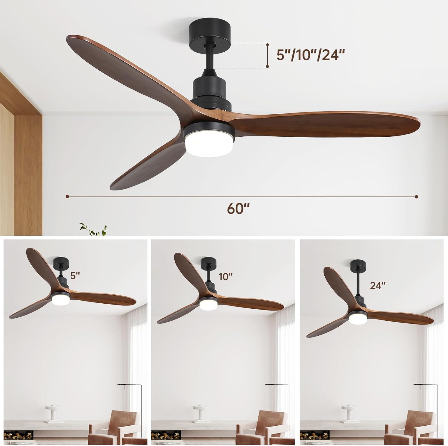 Modern inch black ceiling fan with walnut wood blades and integrated LED light