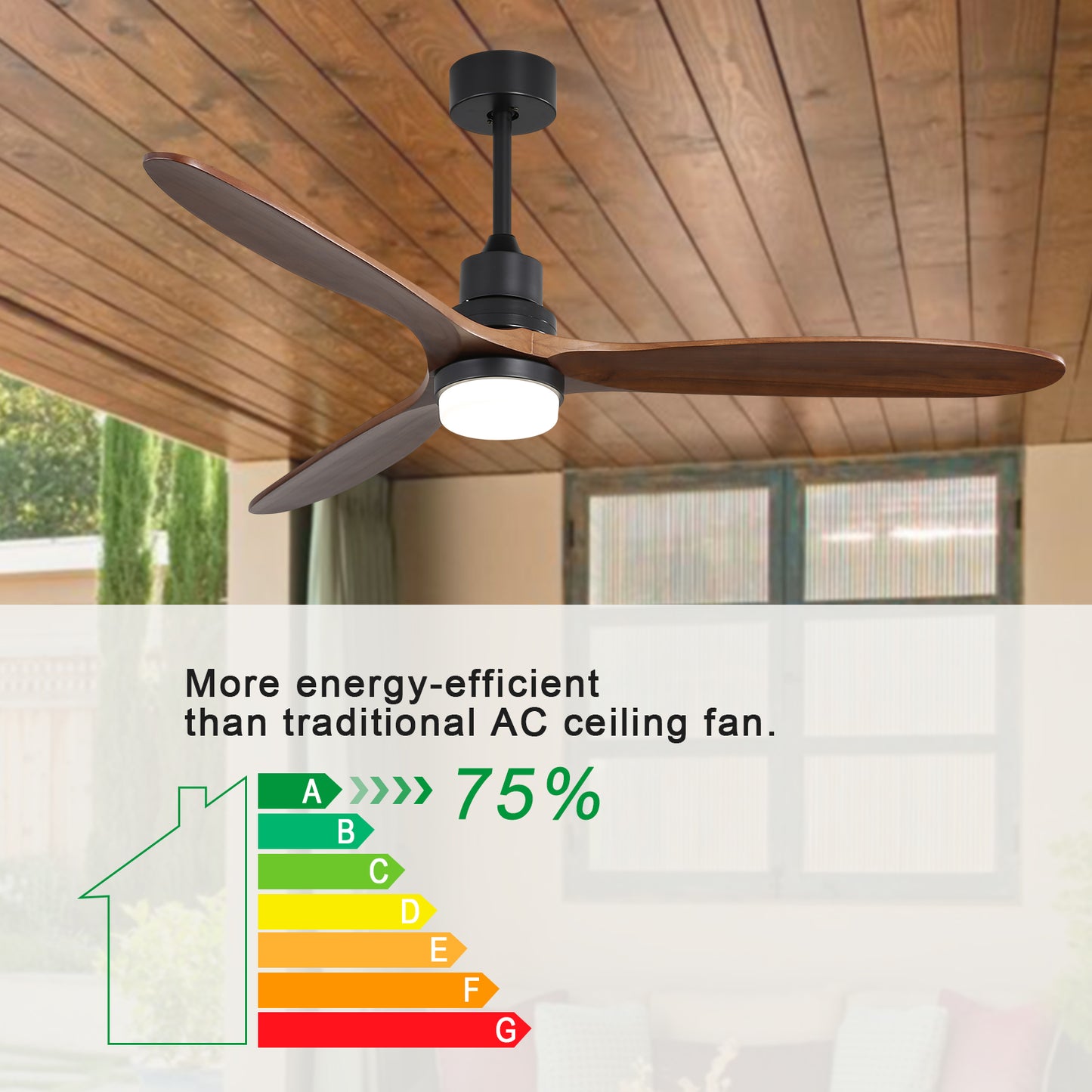 Modern black ceiling fan with dark wood blades and LED light