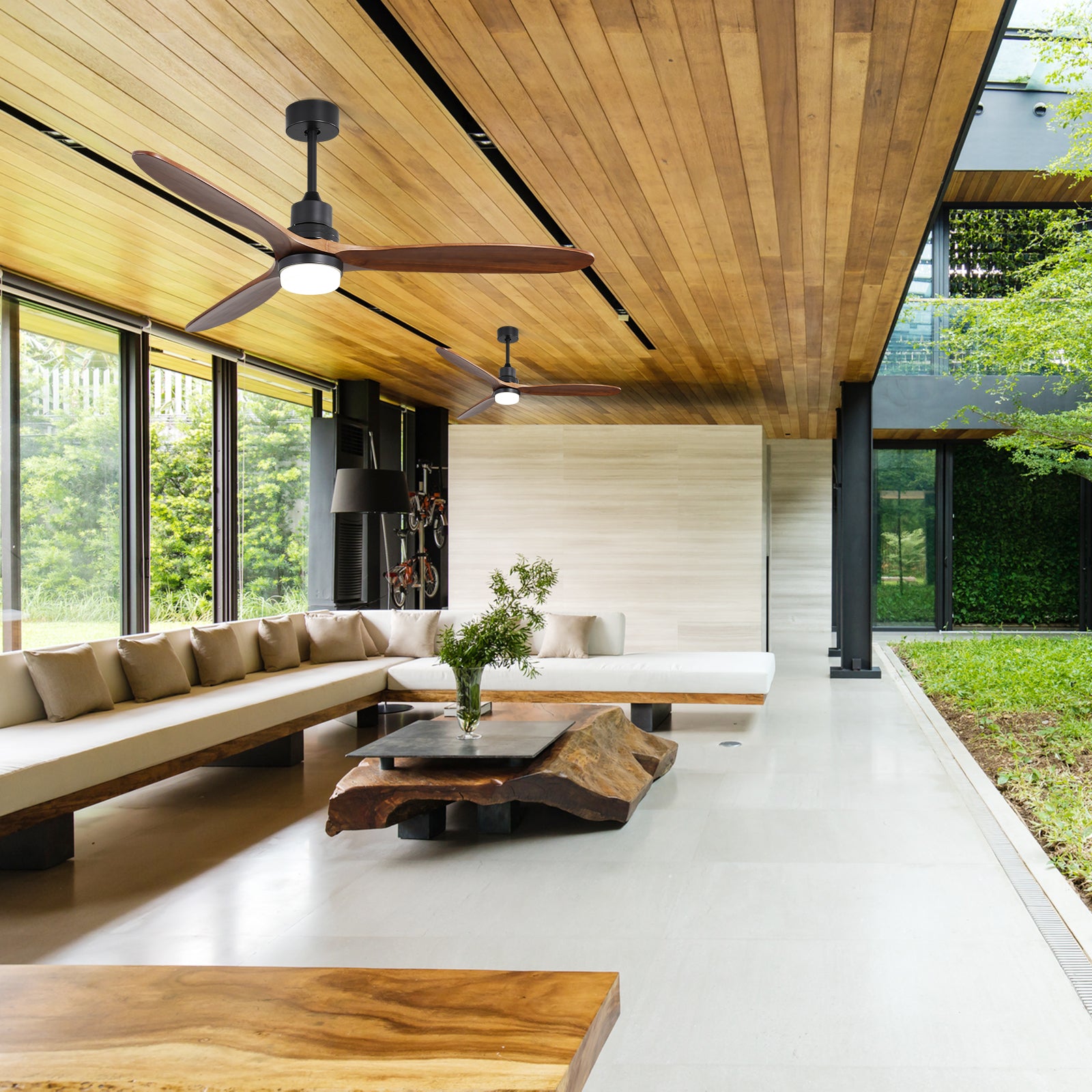 Black ceiling fan with dark wood blades and integrated LED light