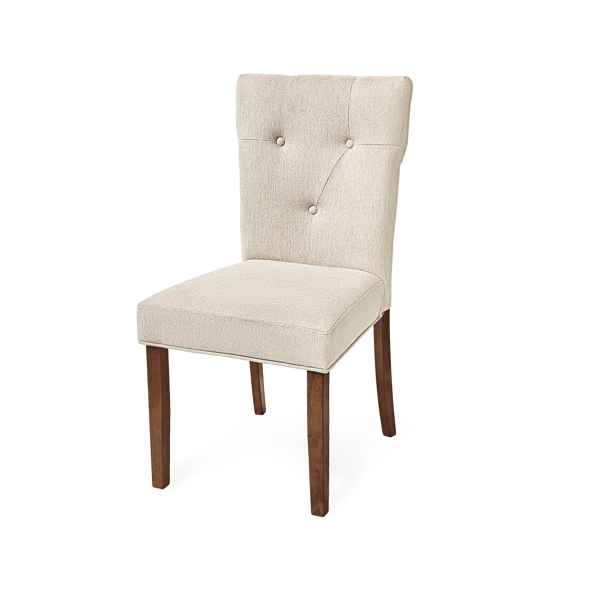 Tufted back accent chair in neutral beige fabric with dark wood legs Perfect dining chair
