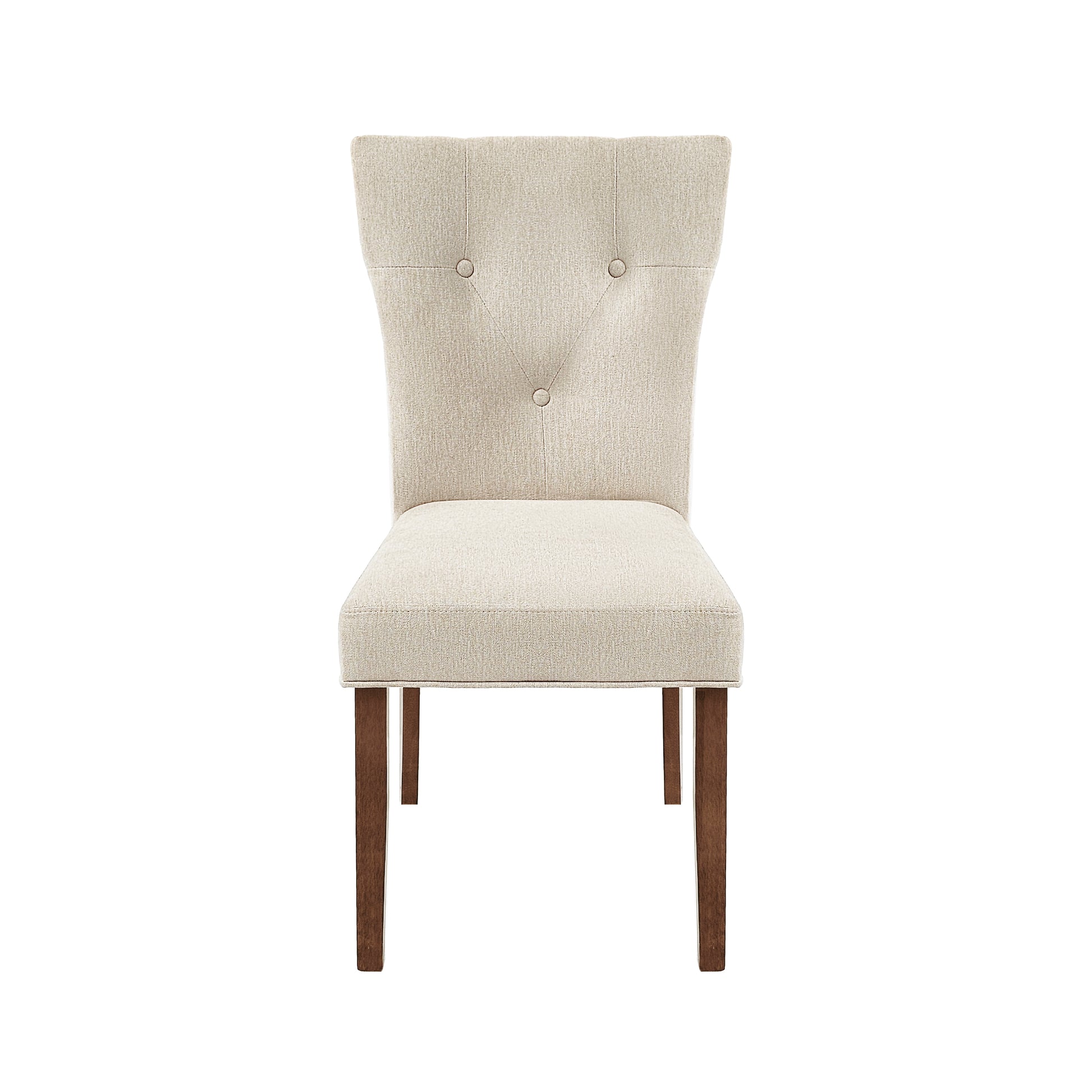 Tufted beige fabric dining chair with dark wooden legs
