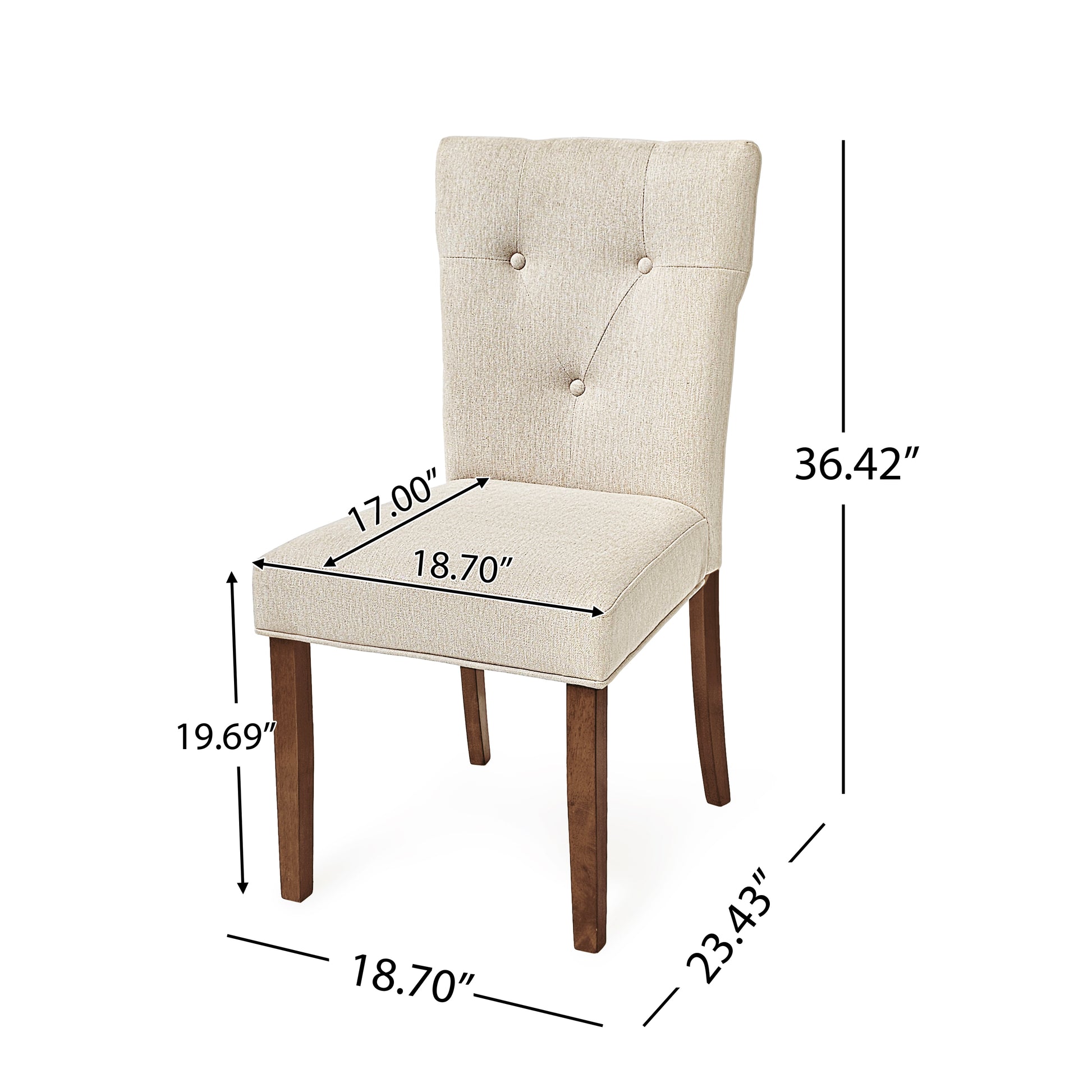Tufted cream fabric dining chair with dark wood legs  seat width
