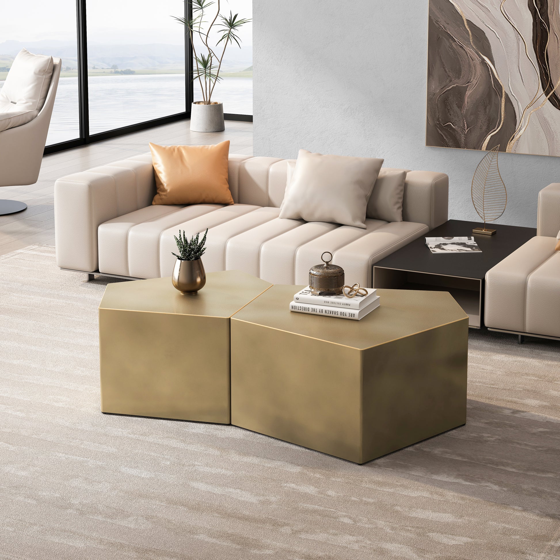 Modern gold hexagon coffee table set with textured rug