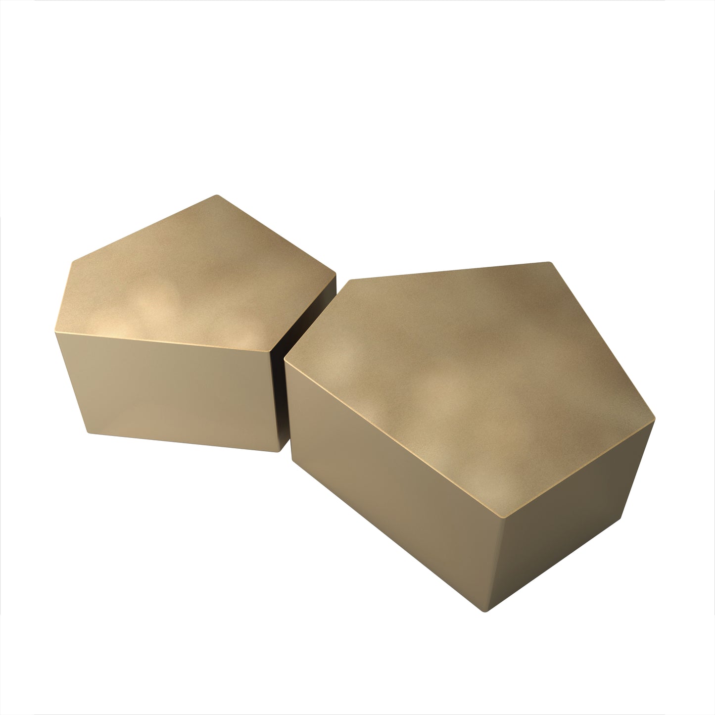 Two brass hexagonal tables with brushed metal finish