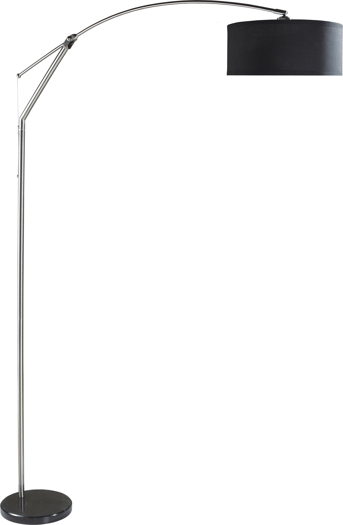 Curved arc floor lamp with sleek chrome finish and black fabric shade