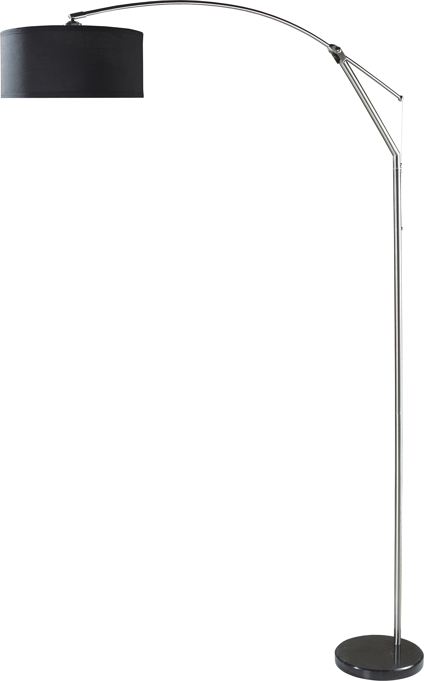 Sleek arc floor lamp with black fabric shade and polished chrome finish