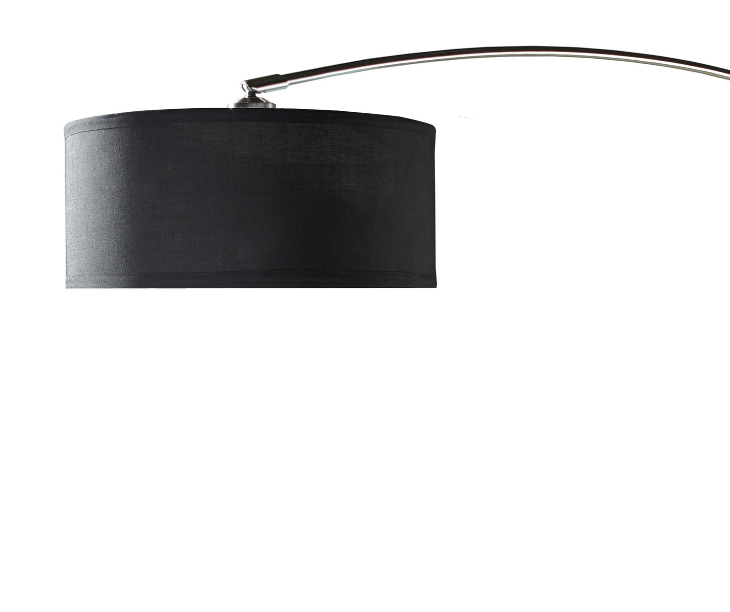 Black fabric drum lampshade with chrome arc base accent