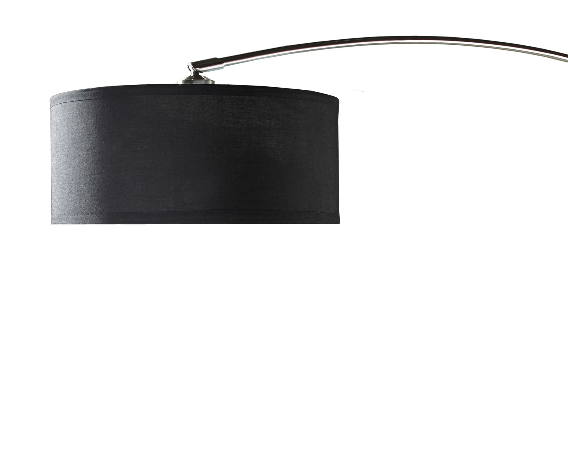 Black fabric drum lampshade with chrome arc base accent