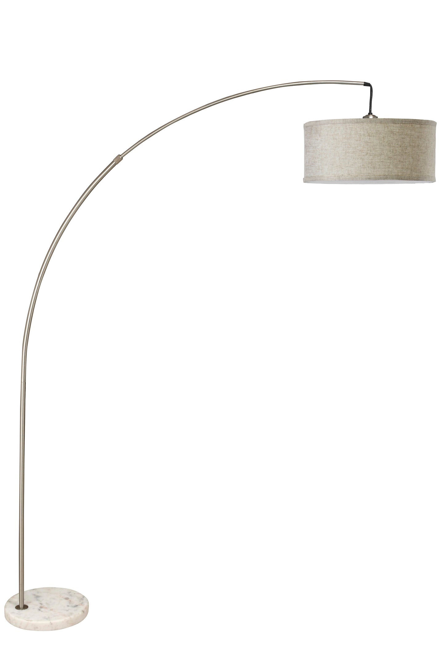 Modern arc floor lamp with brushed nickel finish and linen shade