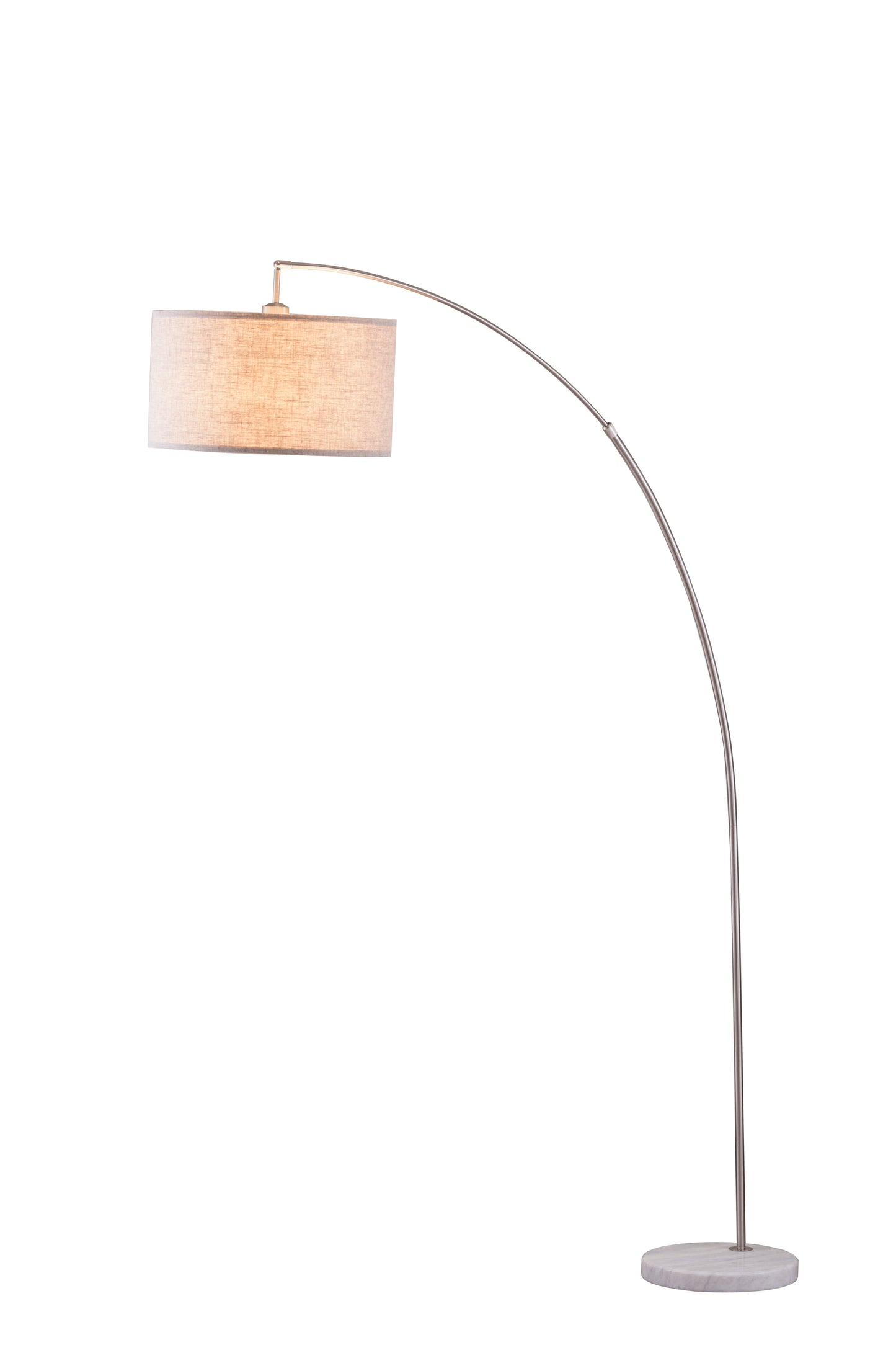 Modern arc floor lamp with brushed nickel finish and cream linen shade perfect for living rooms