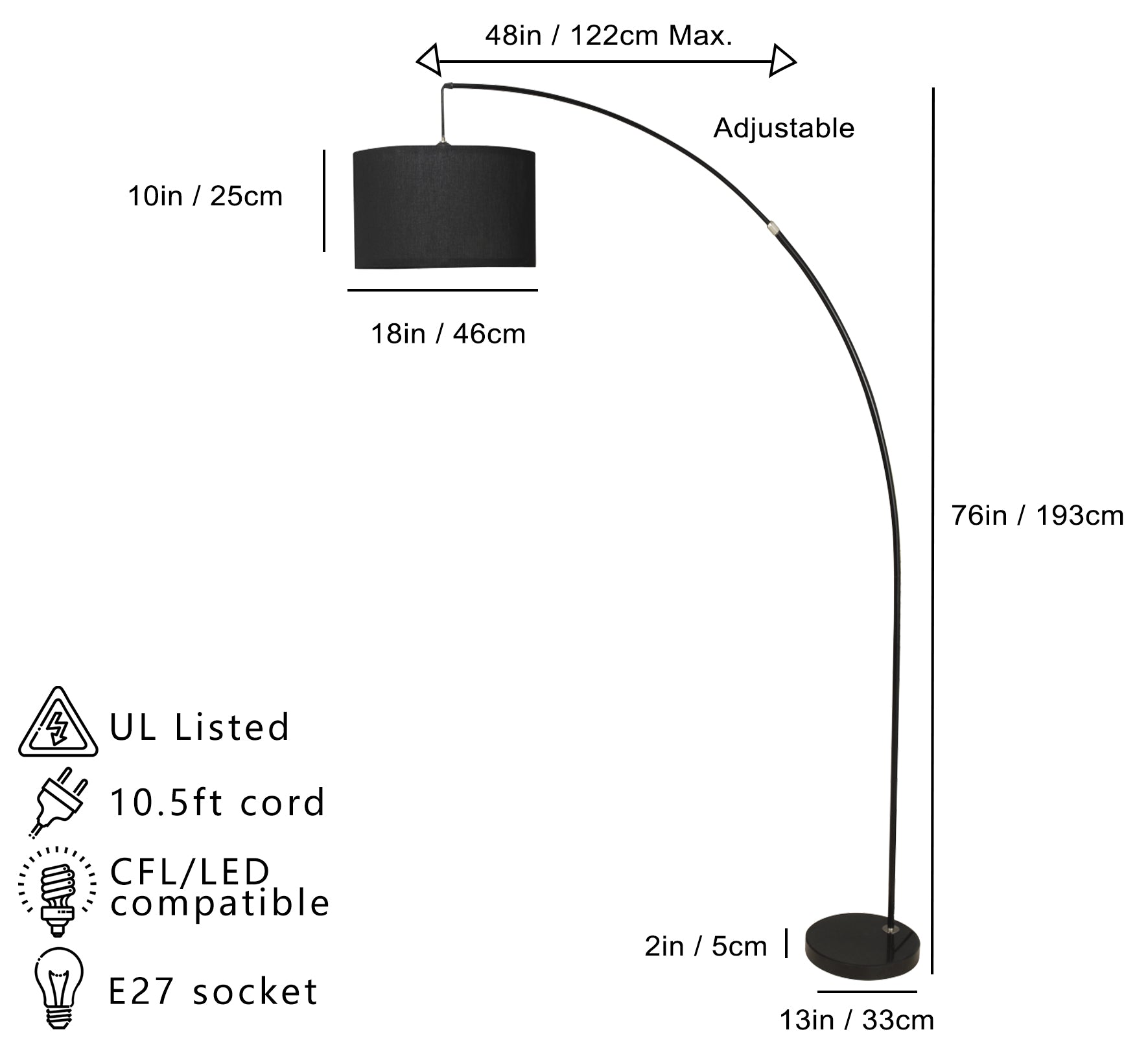 Adjustable black arc floor lamp with a linen shade and in max reach
