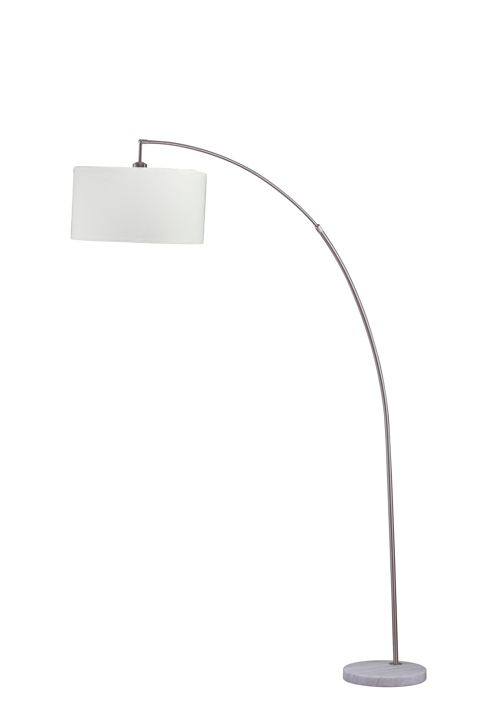 Sleek silver arc floor lamp with a white fabric drum shade perfect for modern living rooms