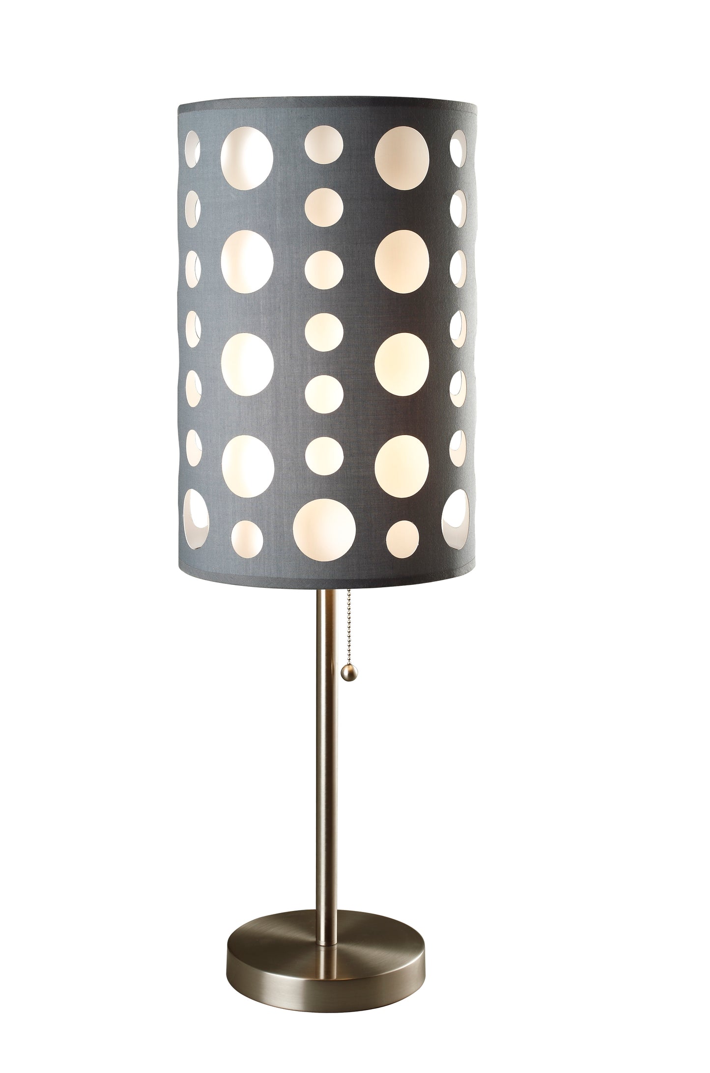 Gray polka dot table lamp with brushed metal stand and chain pull