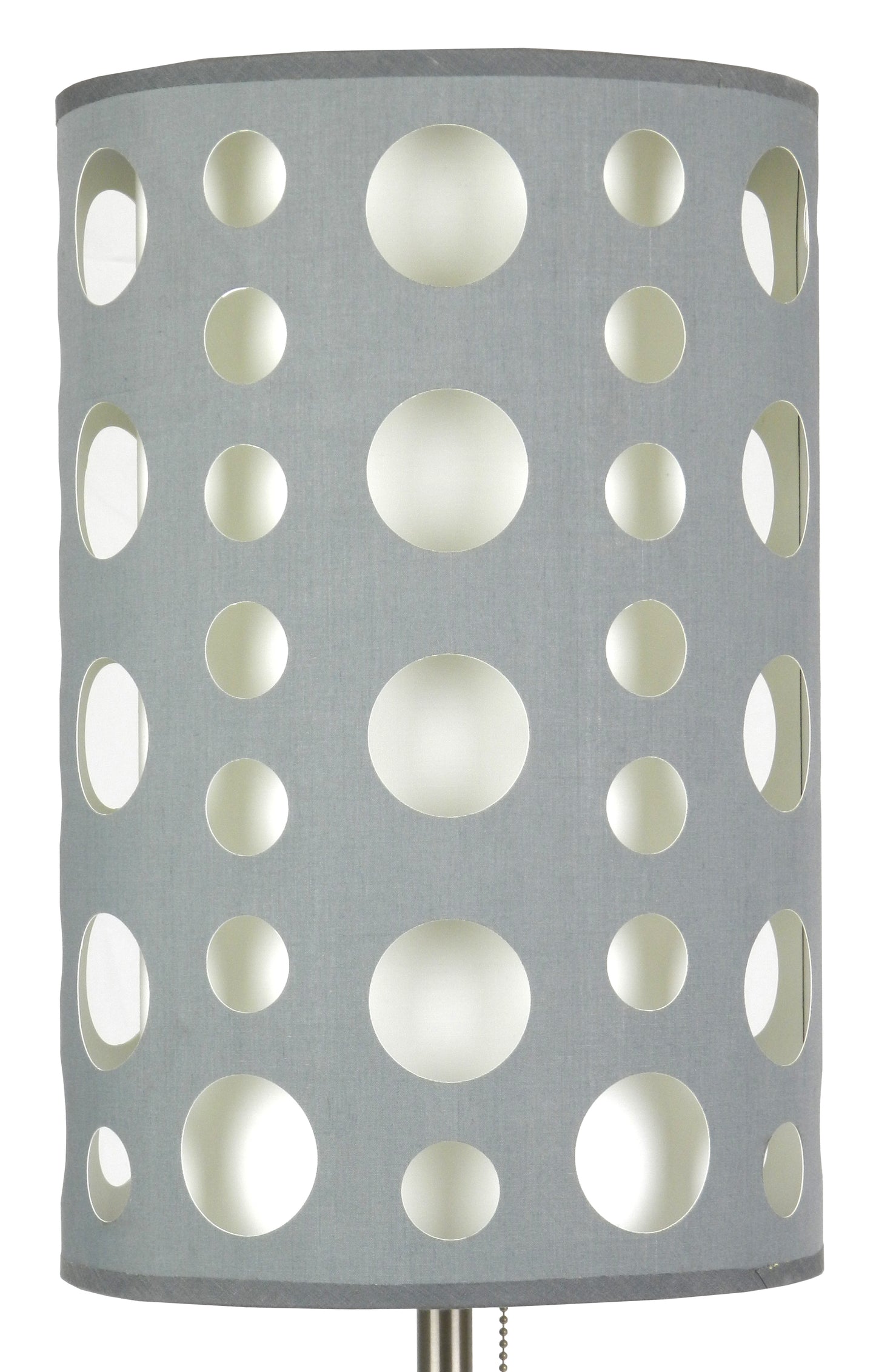 Grey drum lampshade with an allover oval cutout pattern and a dark grey trim
