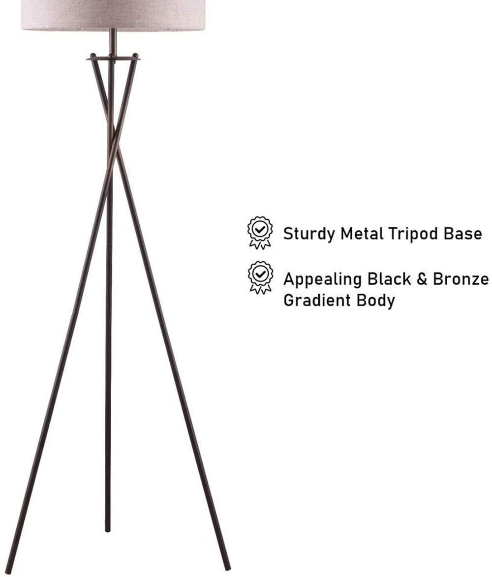 Modern tripod floor lamp with linen shade and blackbronze gradient metal body