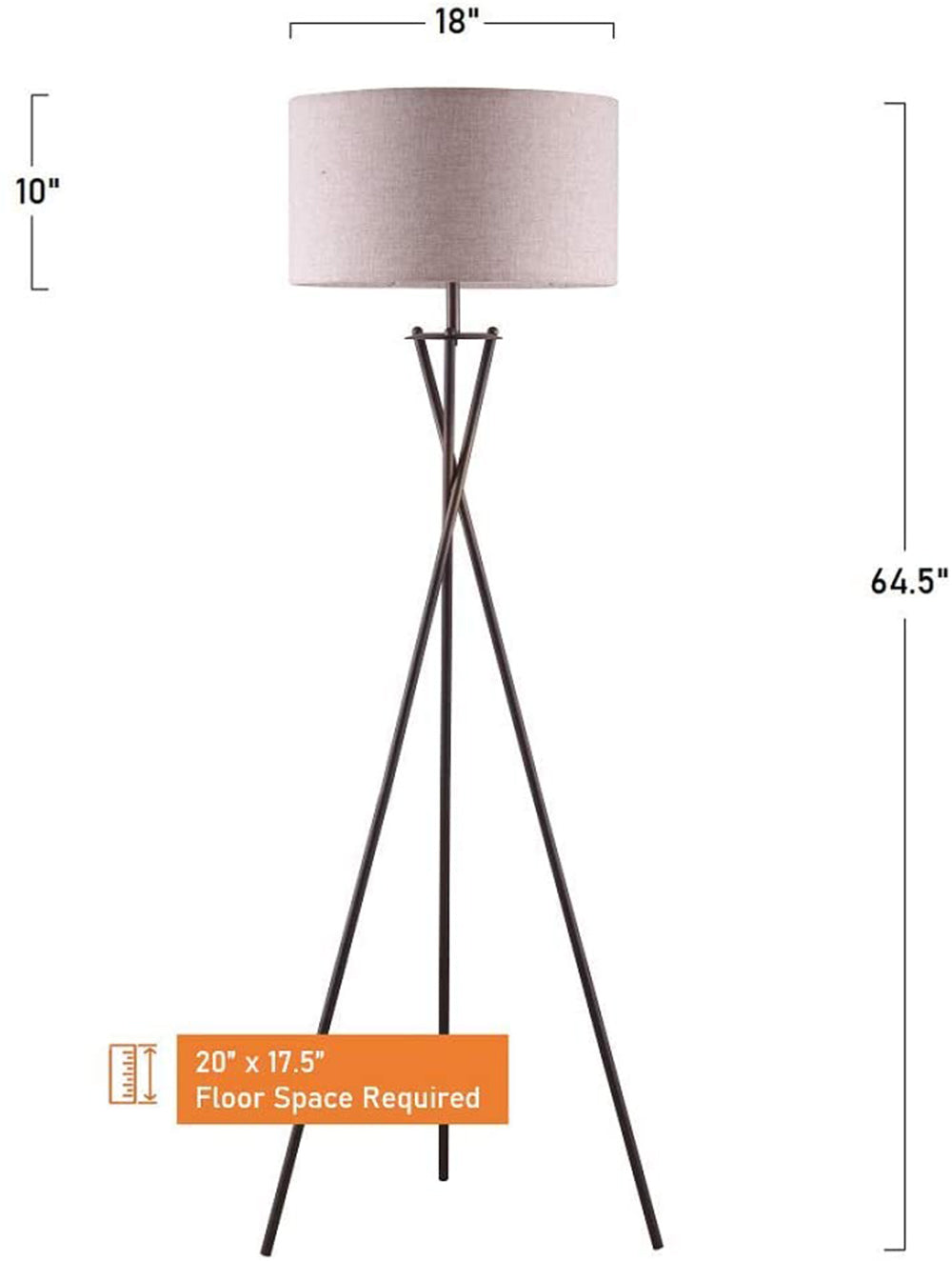 Modern tripod floor lamp with a textured neutral shade and dark metal legs