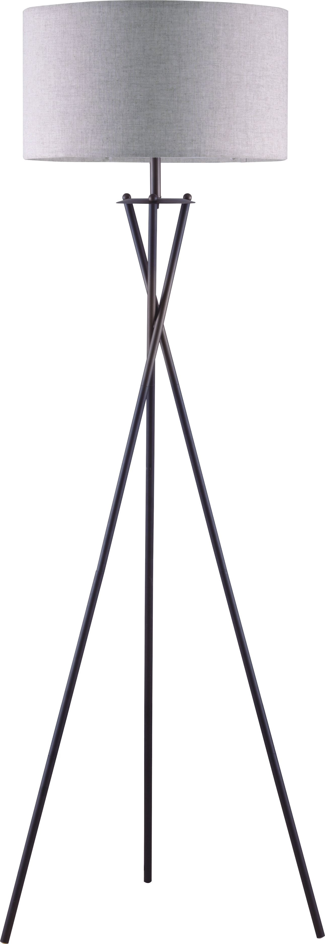 Modern floor lamp with a grey linen drum shade and a dark metal tripod base perfect for living rooms