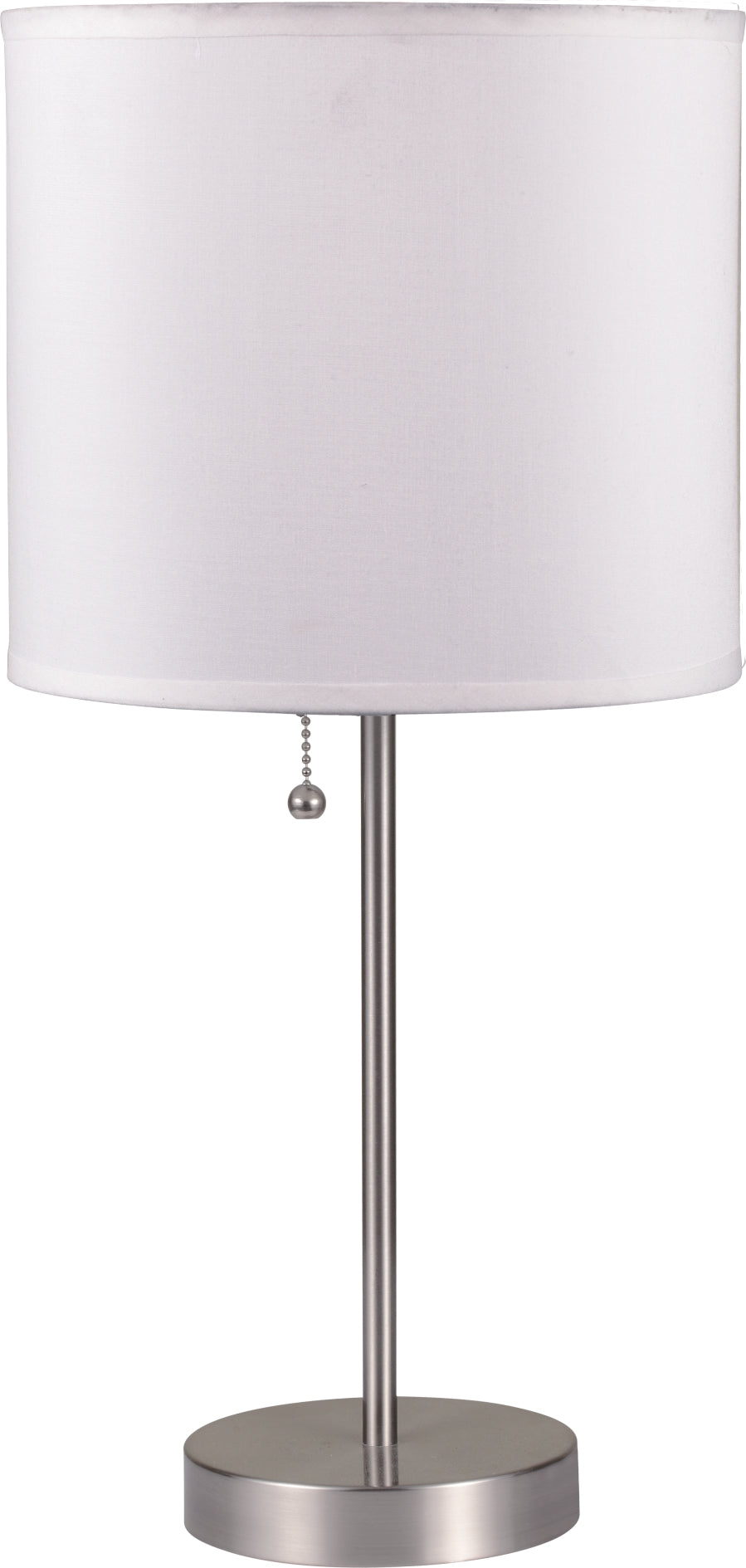 Modern brushed nickel table lamp with white drum shade and pull chain