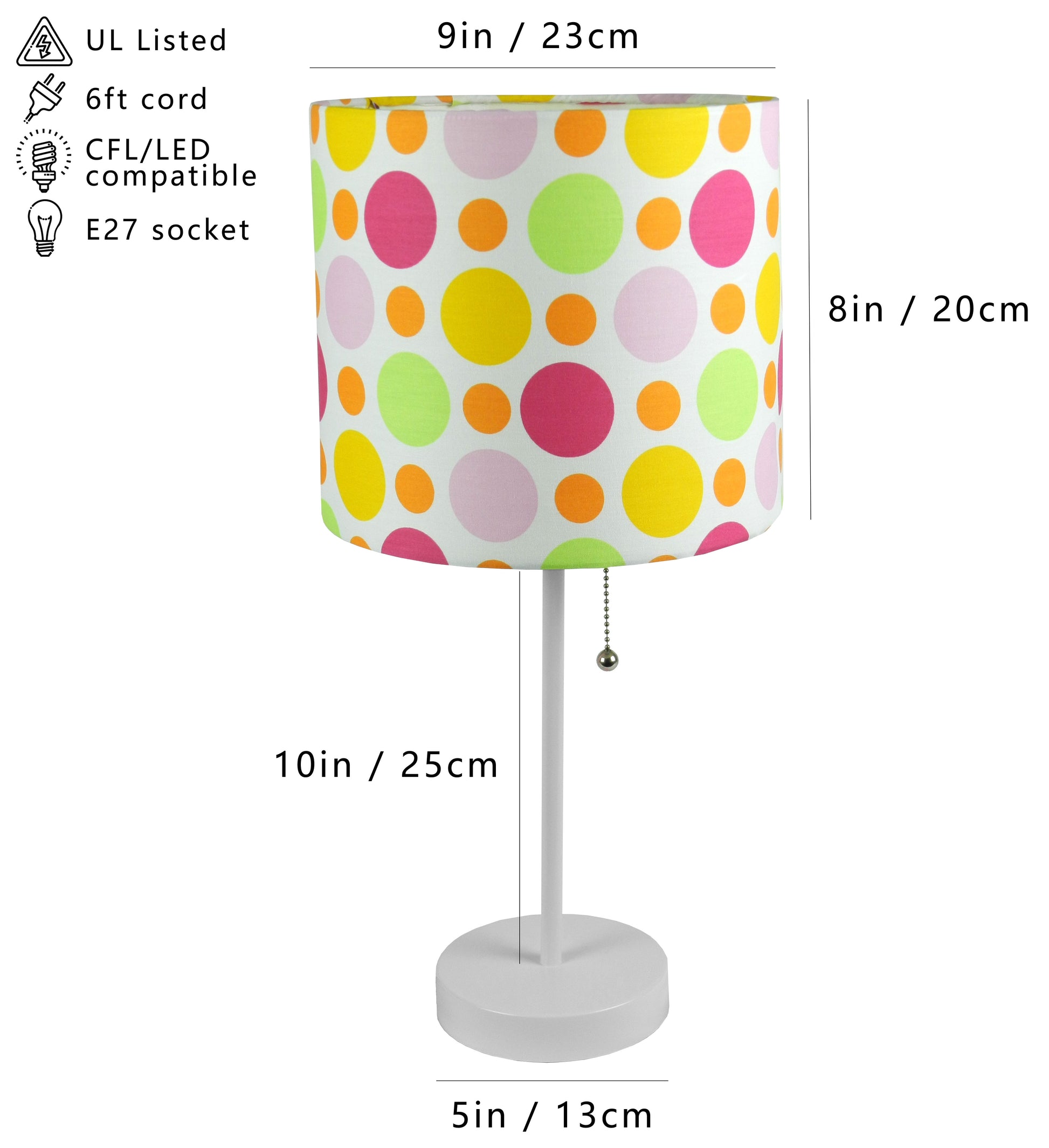 White desk lamp with colorful polka dot lampshade and chrome pull chain