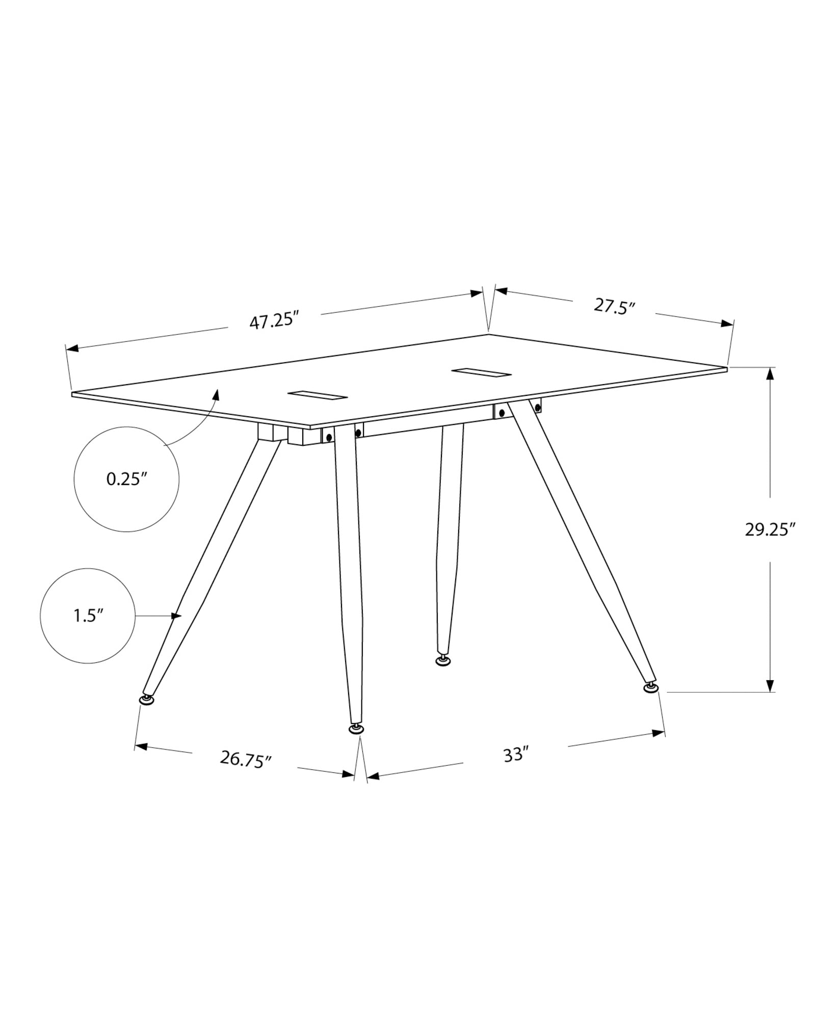 Line drawing of a modern desk with tapered legs  L x  W