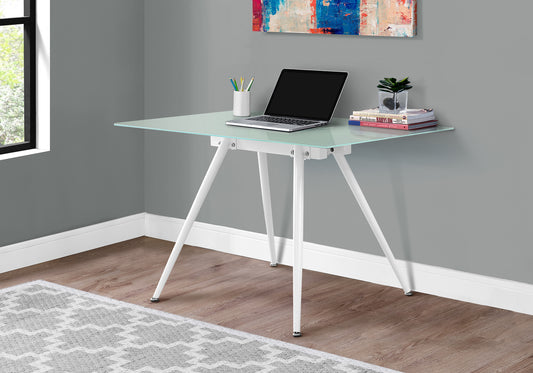 Modern glass desk with white tripod legs perfect for a home office setup