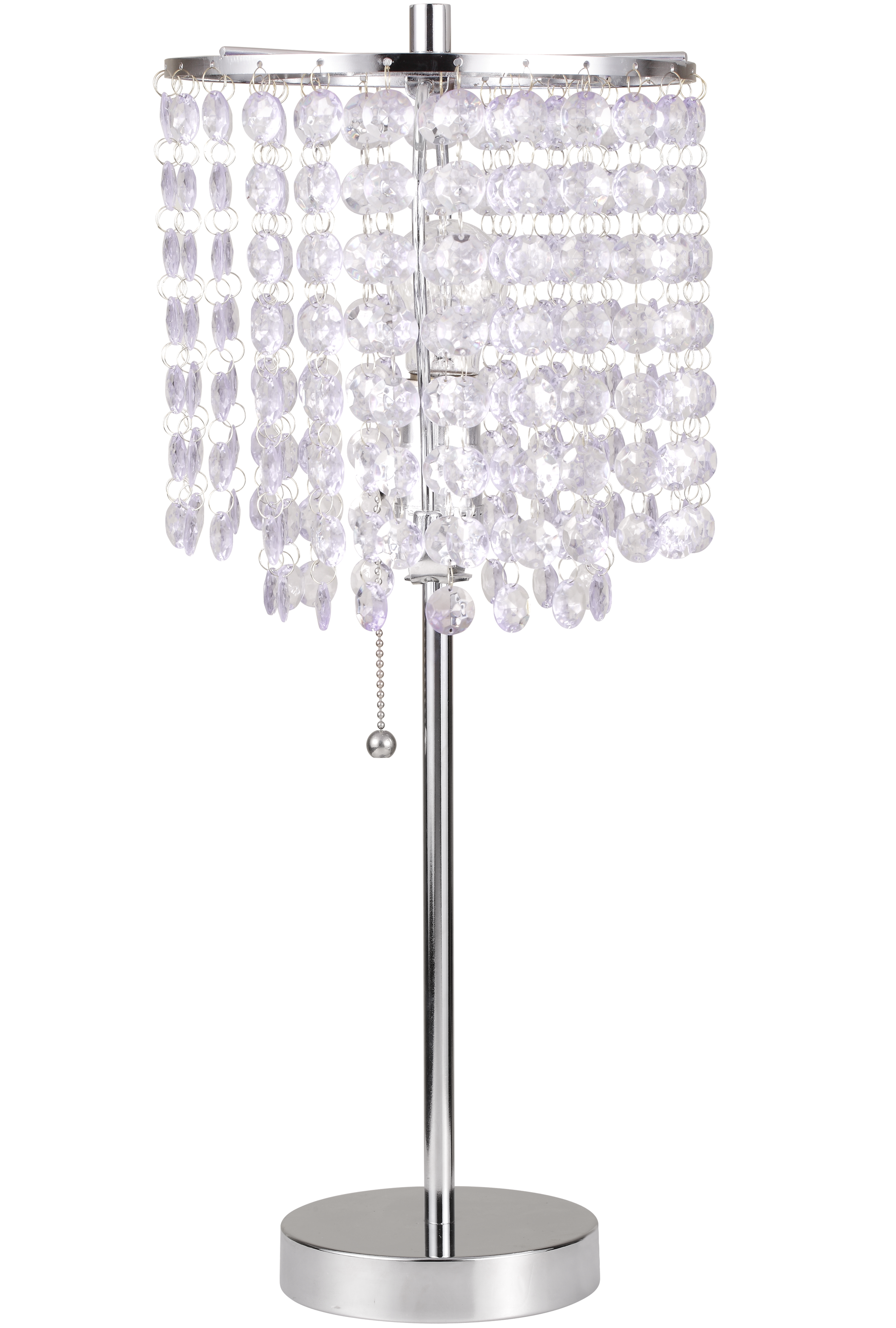 Polished chrome table lamp with clear faceted crystal bead strands