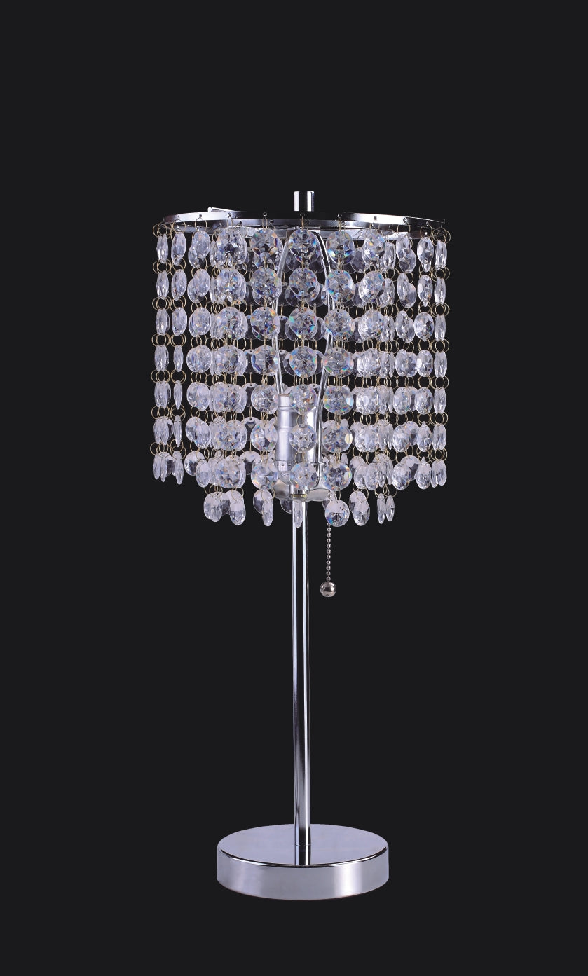 Glamorous crystal beaded table lamp with chrome finish and chain pull