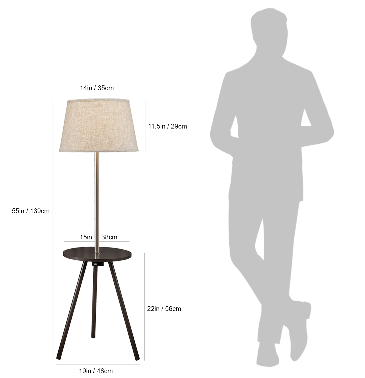 Floor lamp with natural linen shade and dark wood tripod table modern design