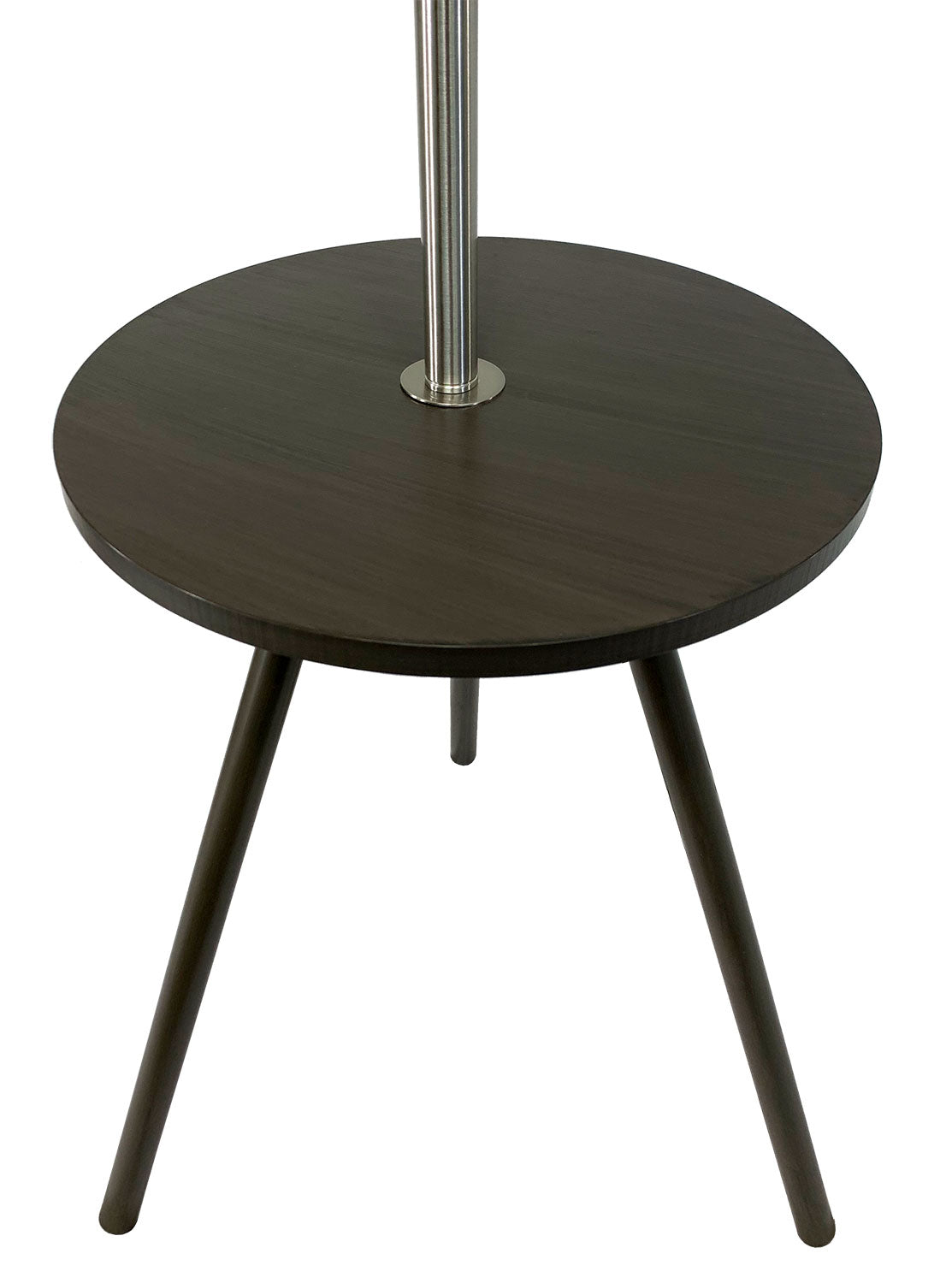 Dark wood round end table with brushed metal stand and tapered legs