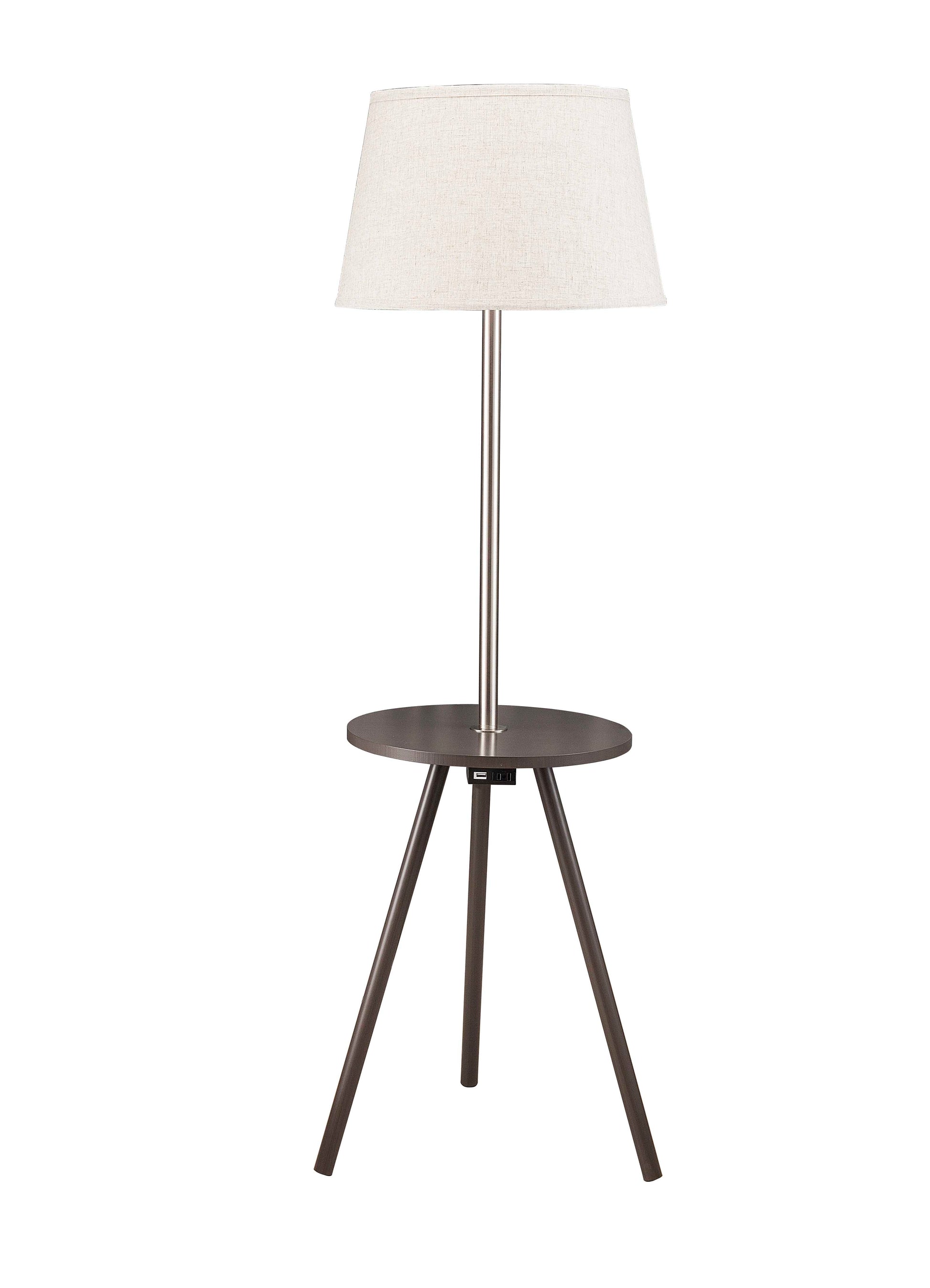 Modern floor lamp with linen shade and builtin side table